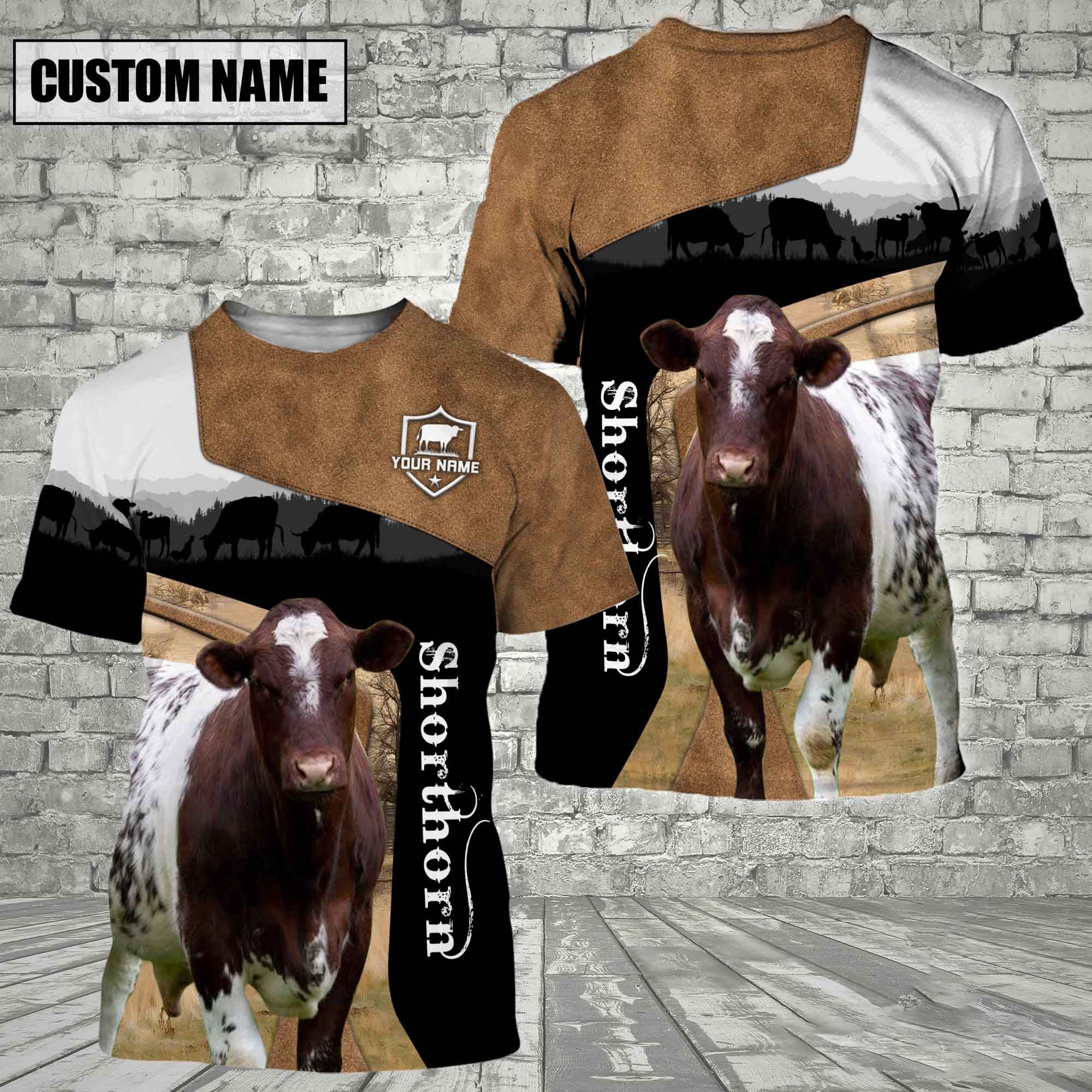 Shorthorn Black Brown Customized Name 3D T-Shirt
