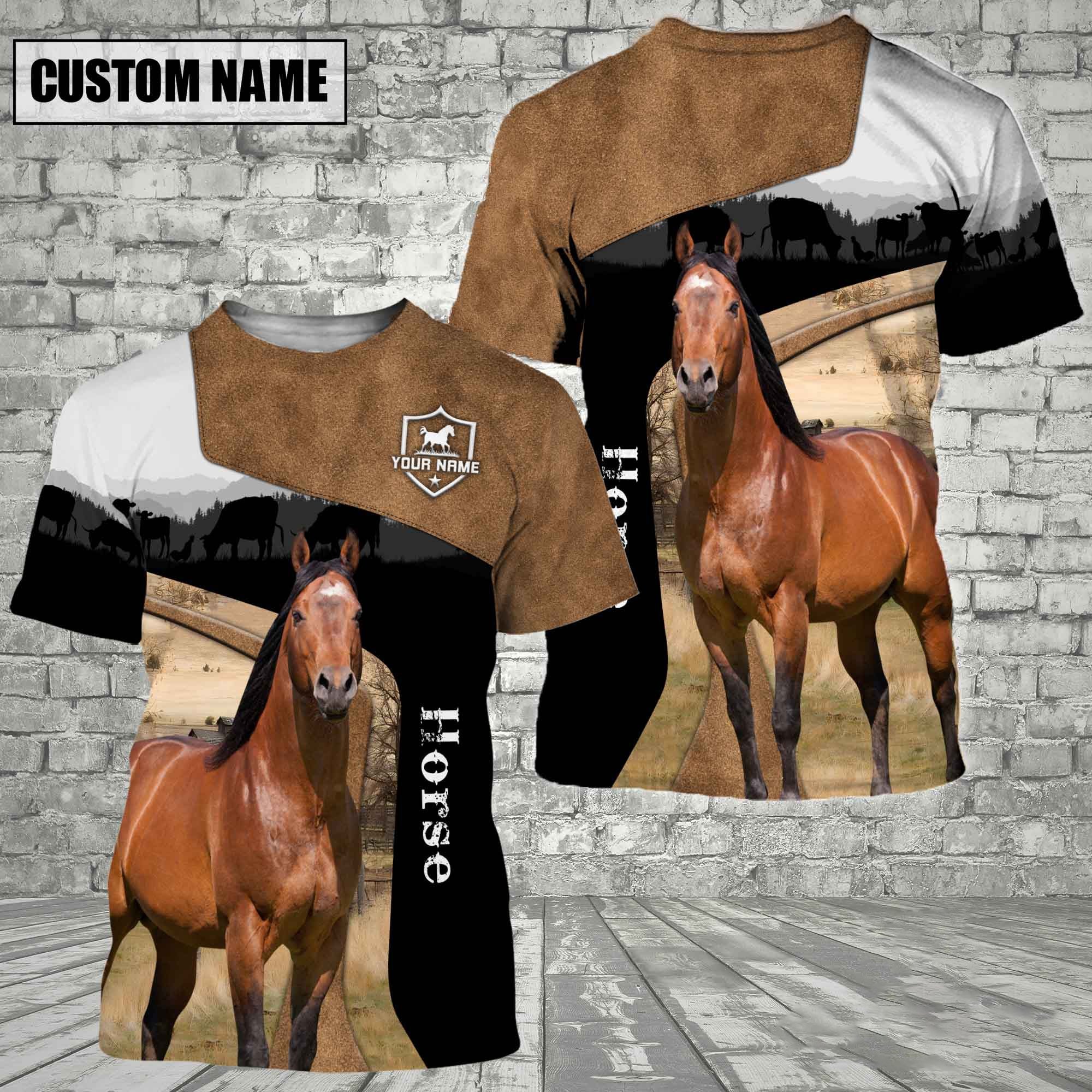 Horse Black Brown Customized Name 3D T-Shirt