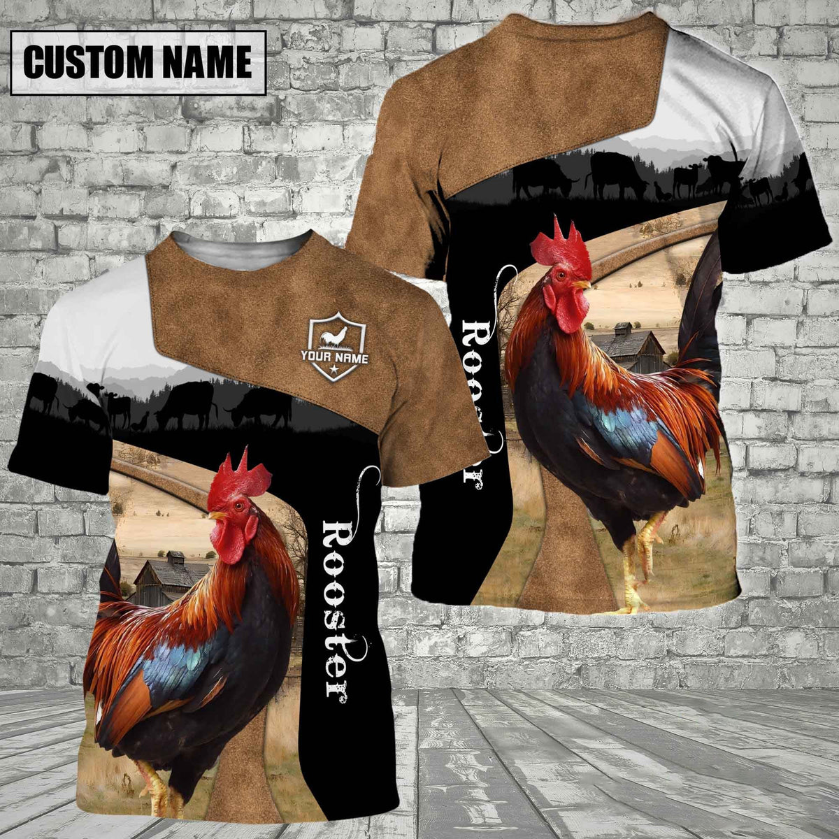 Rooster Black Brown Customized Name 3D T-Shirt
