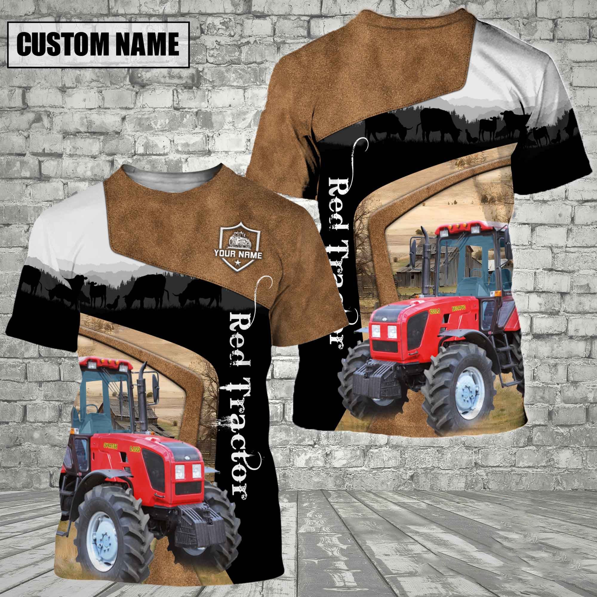 Red Tractor Black Brown Customized Name 3D T-Shirt