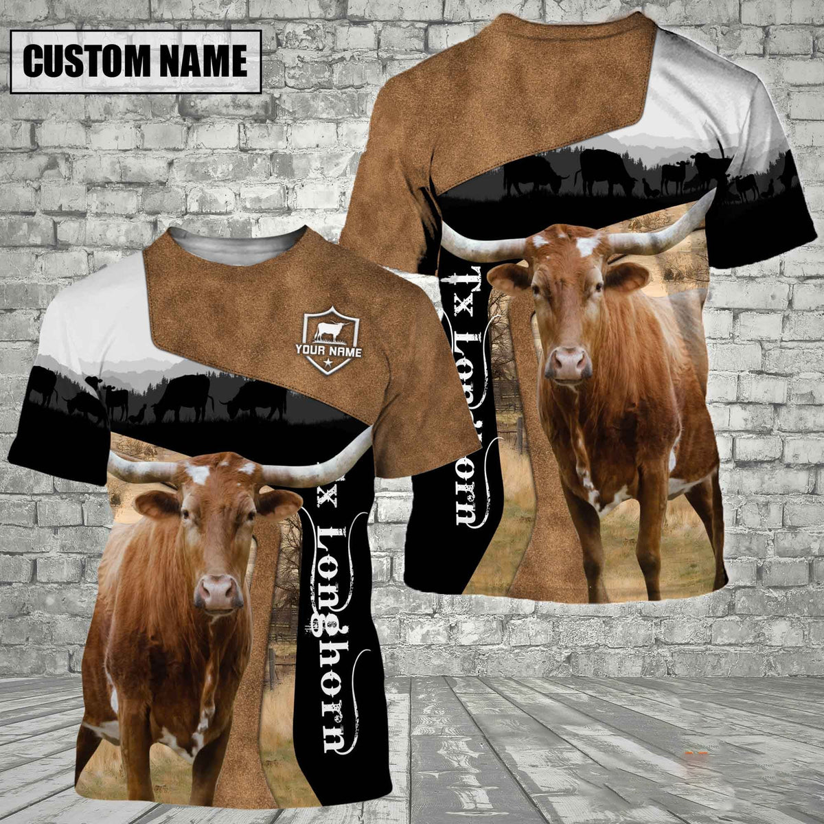 Texas Longhorn Black Brown Customized Name 3D T-Shirt