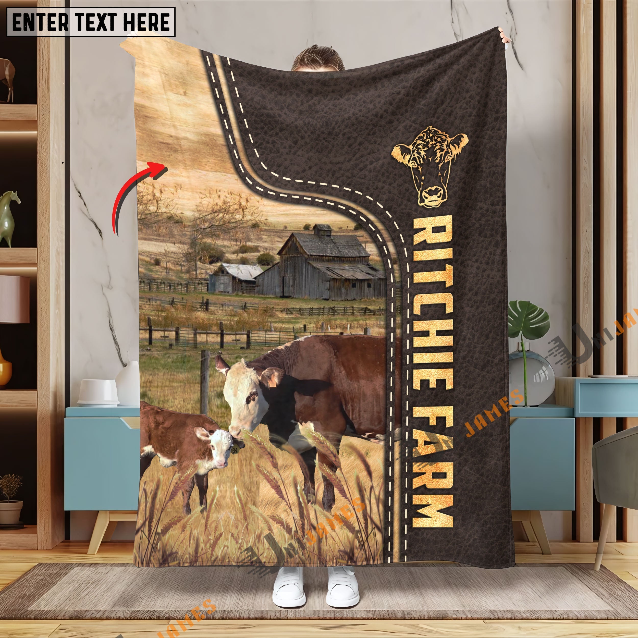 Personalized Name Hereford Cattle of Alisha Ritchie Leather Pattern Blanket