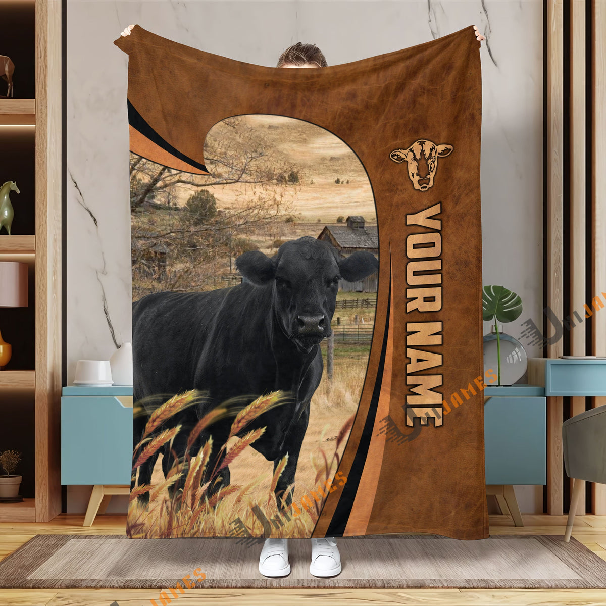 Personalized Name Black Angus Premium Brown Pattern 3D Blanket