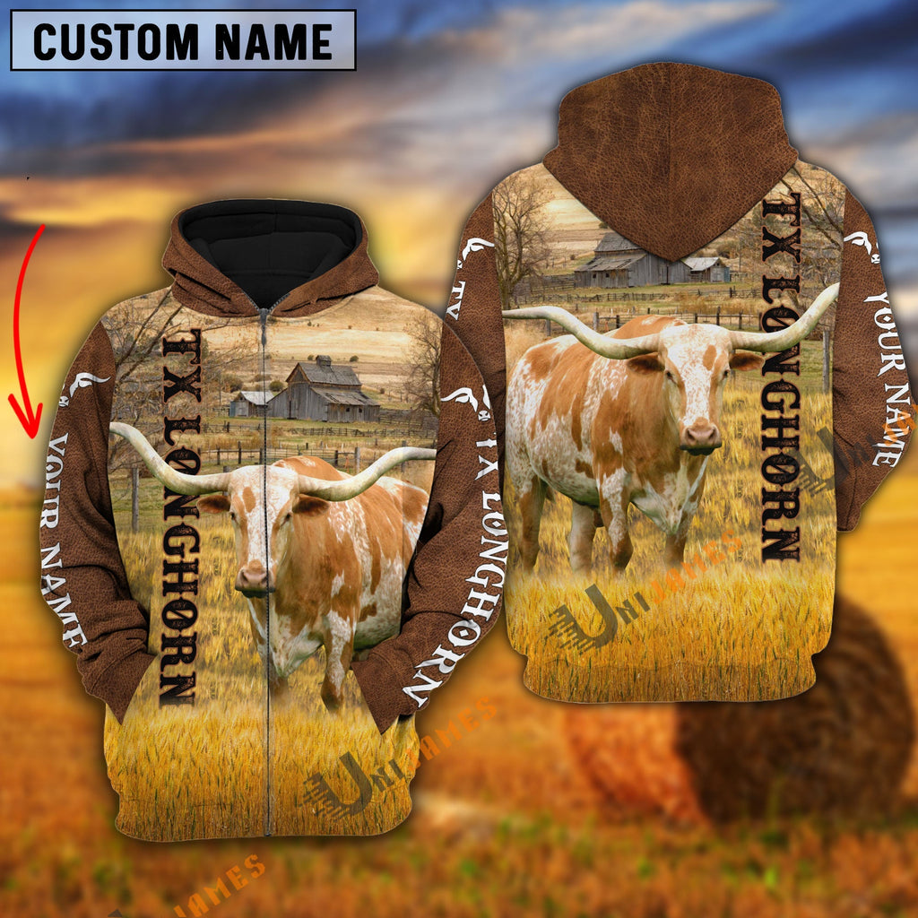 Personalized Name Farm TX Longhorn Cattle Brown Hoodie