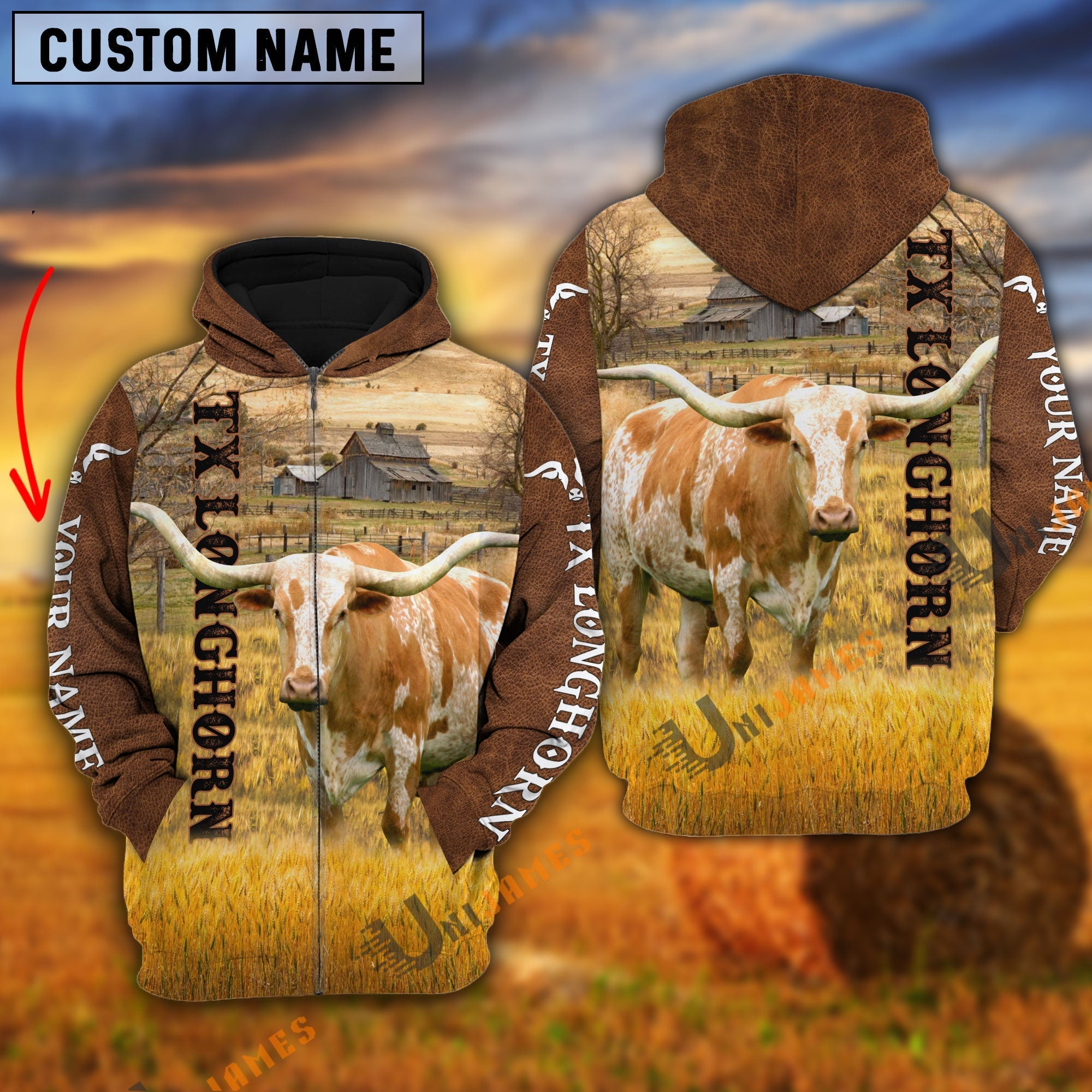 Personalized Name Farm TX Longhorn Cattle Brown Hoodie