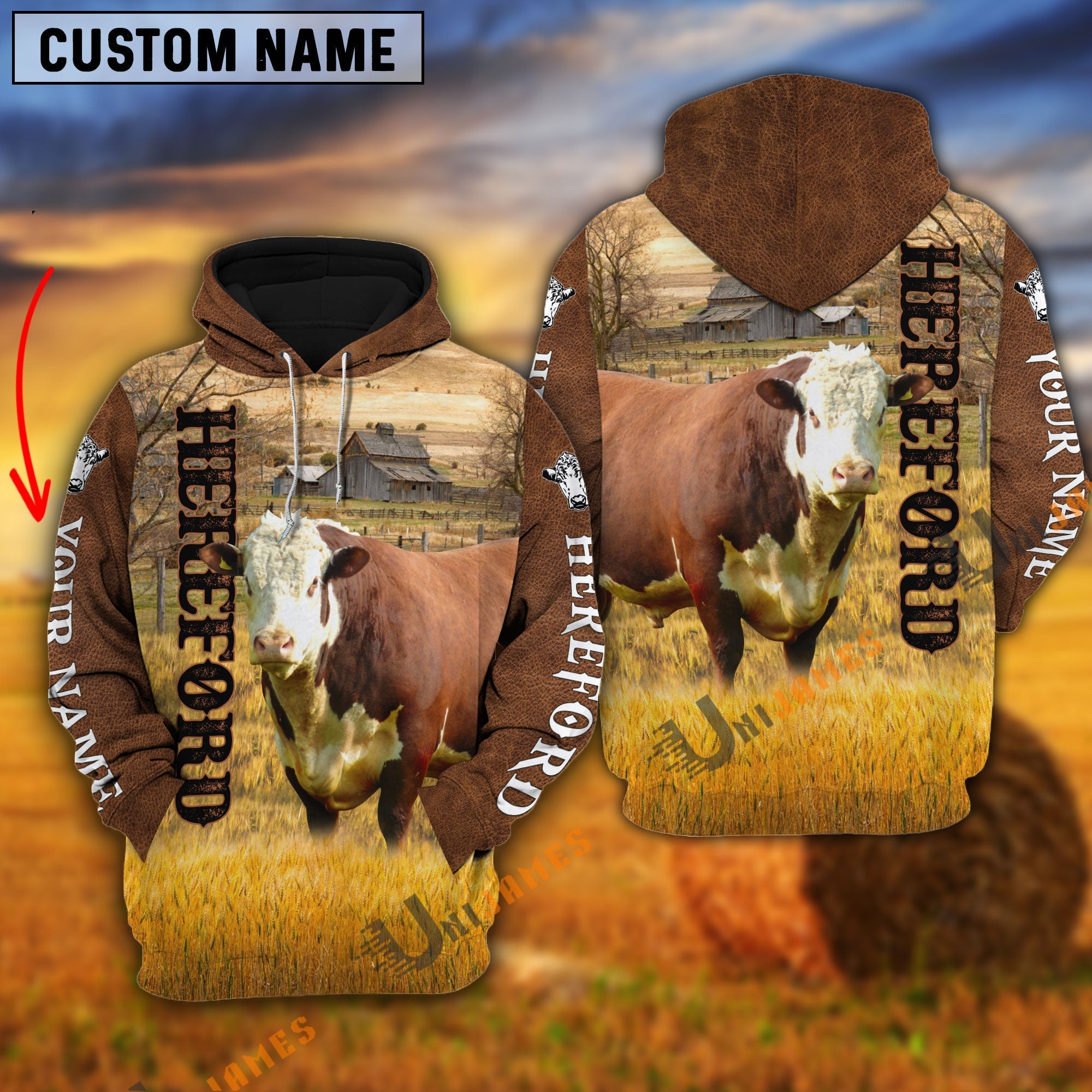 Personalized Name Farm Hereford Cattle Brown Hoodie