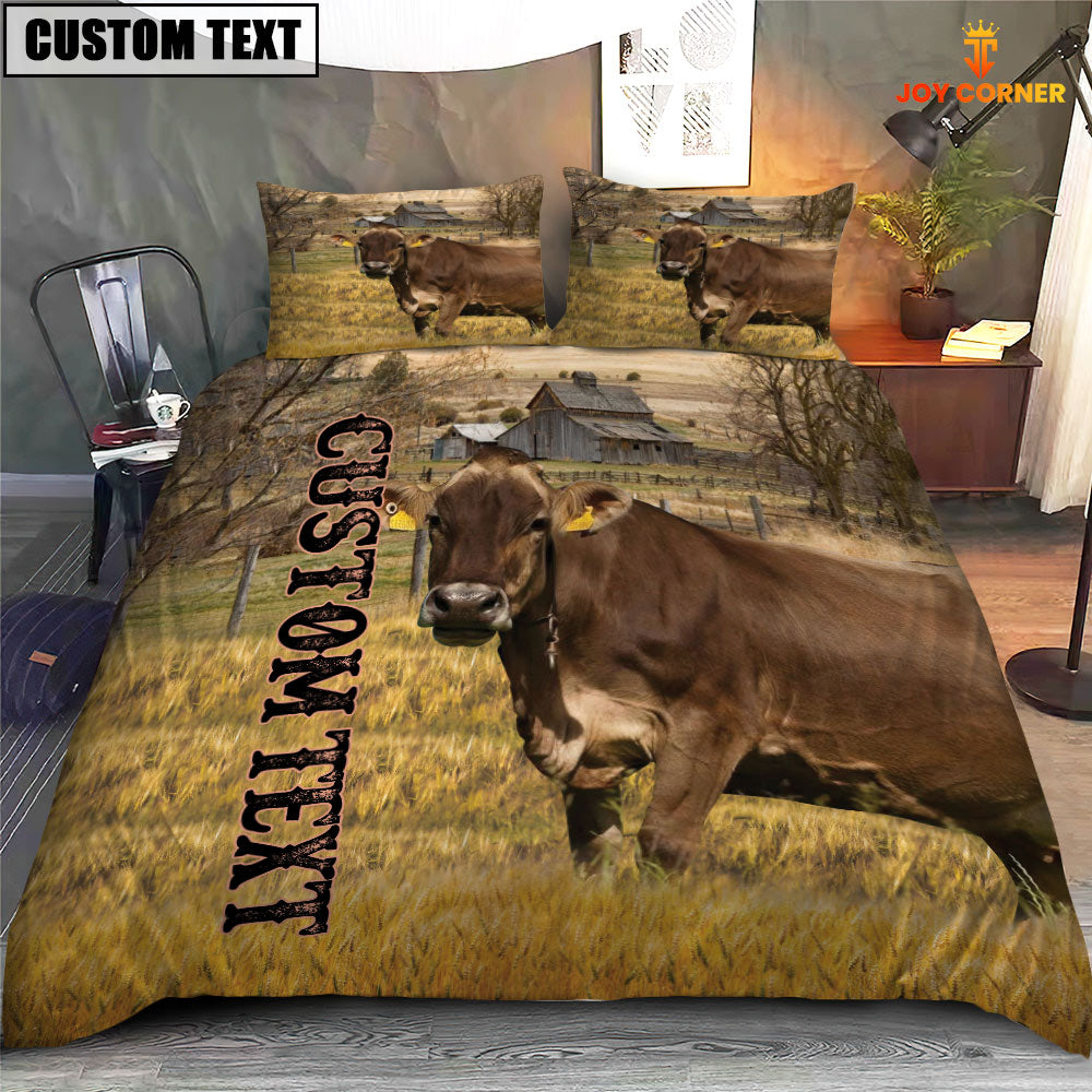 Personalized Name Brown Swiss Cattle On The Farm 3D Bedding Set