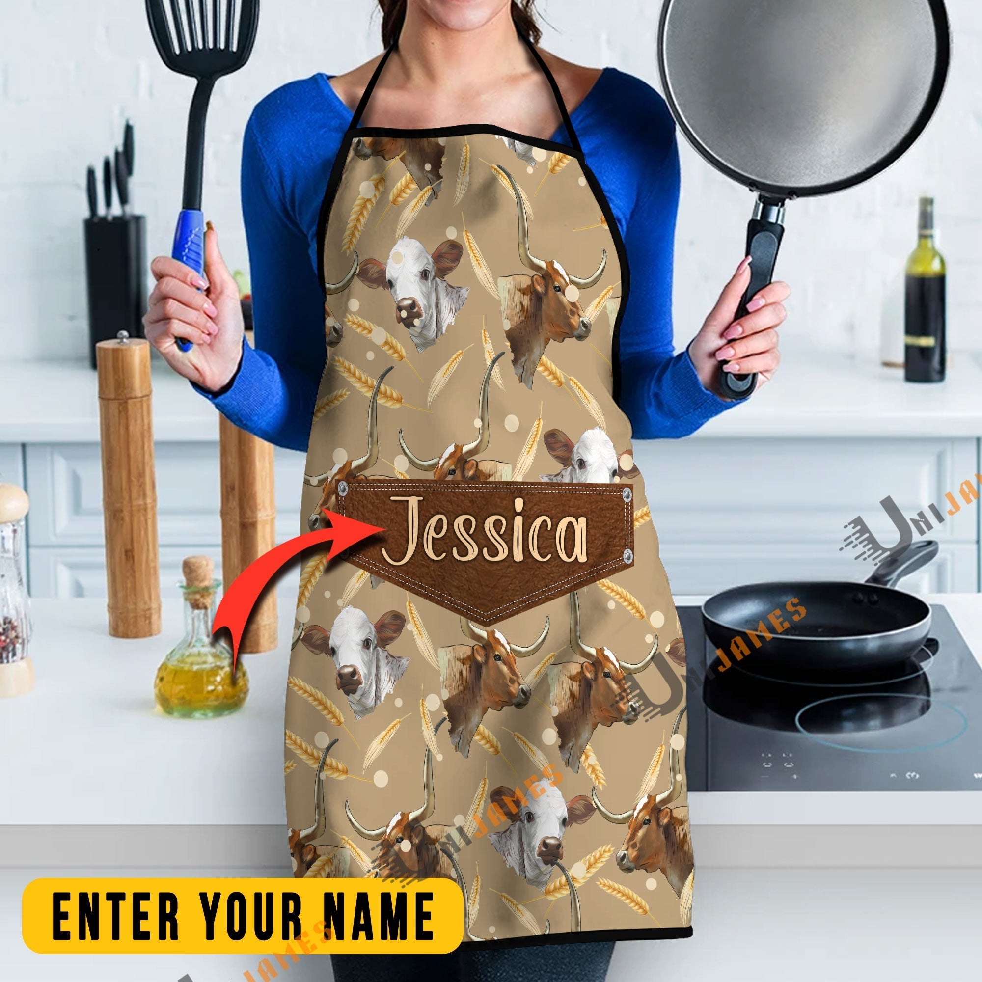 Texas Longhorn Happy Face Custom Name Apron