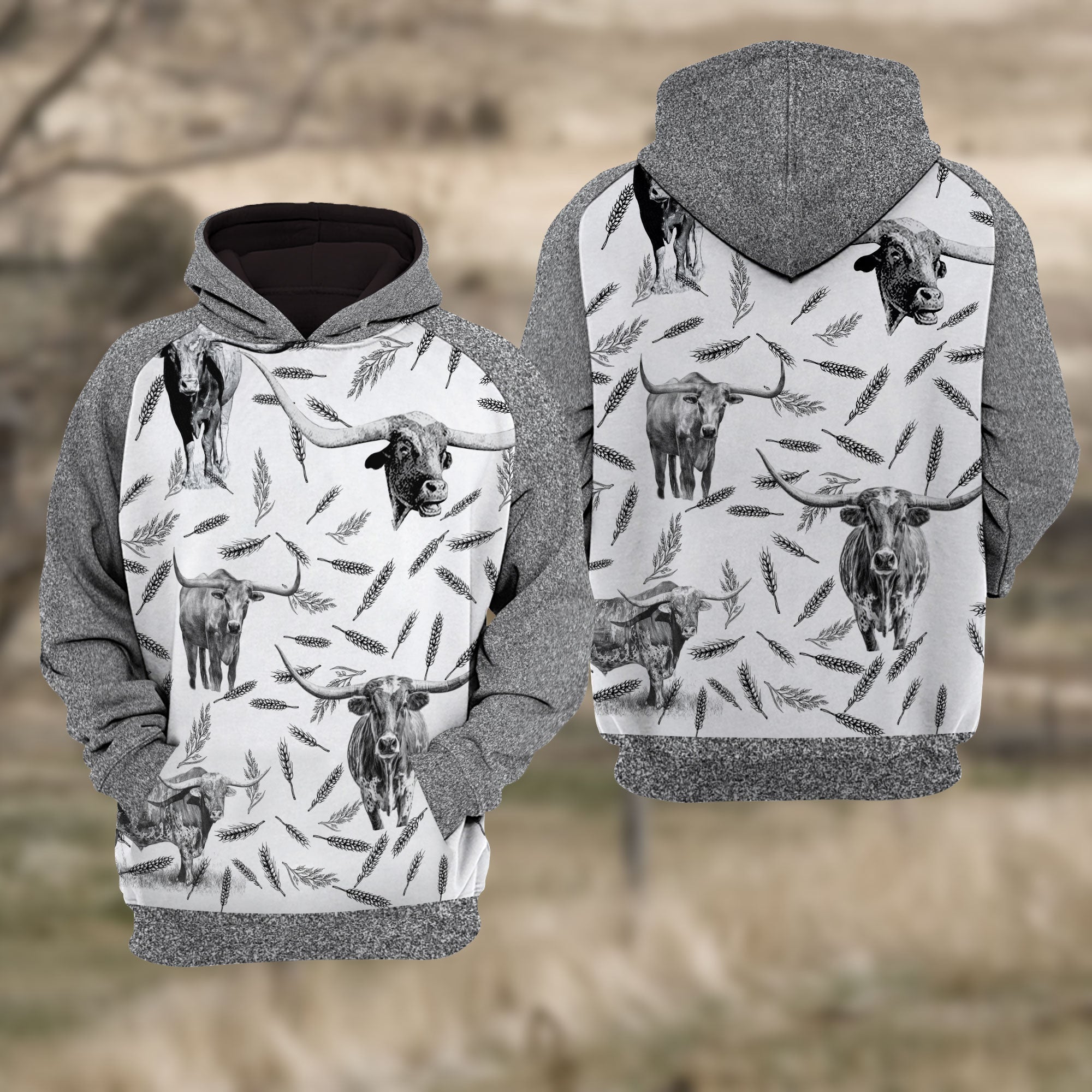 TX-Long Horn Cattle Black & White Raglan Hoodie