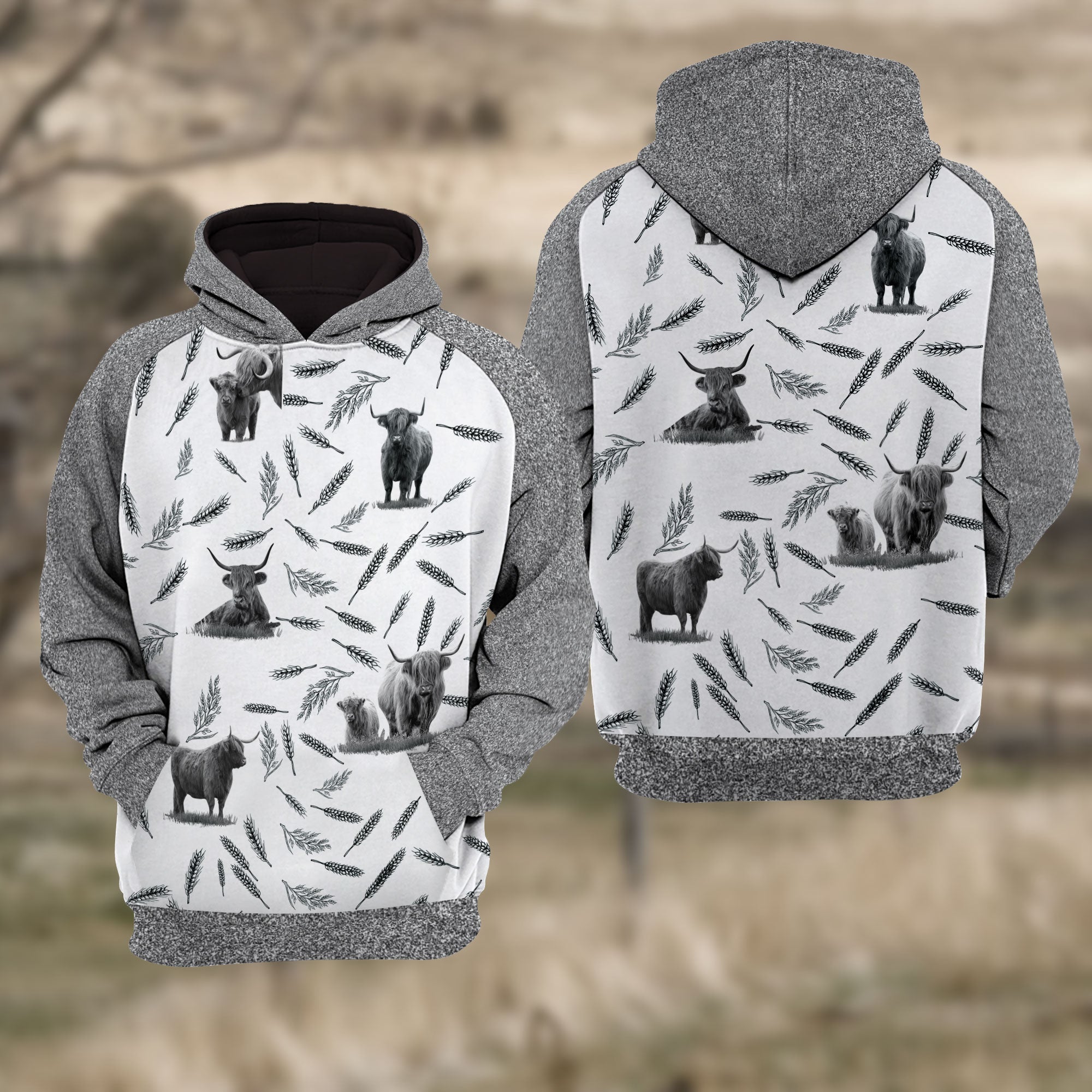 Highland Cattle Black & White Raglan Hoodie