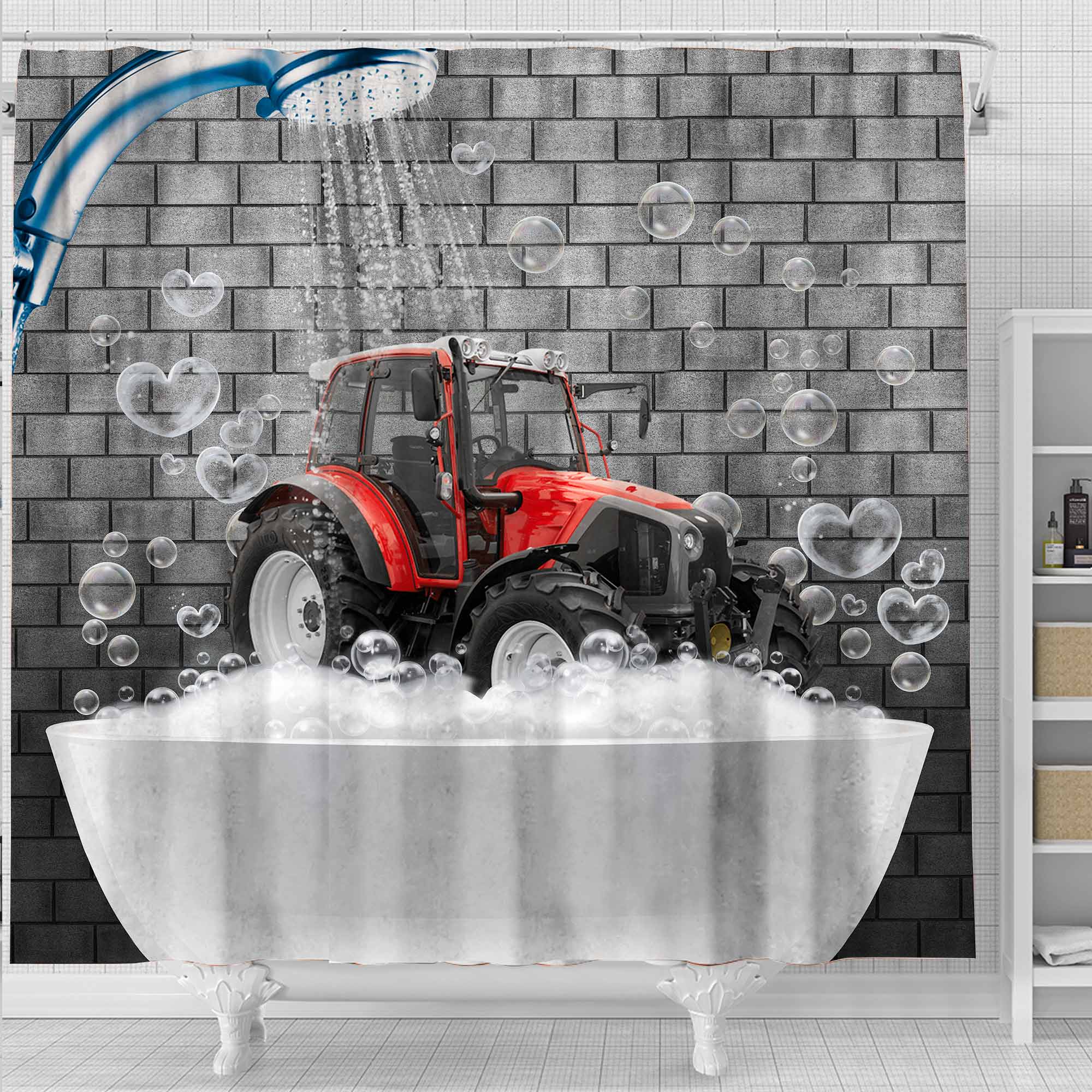 Red Tractor Brick Wall 3D Shower Curtain