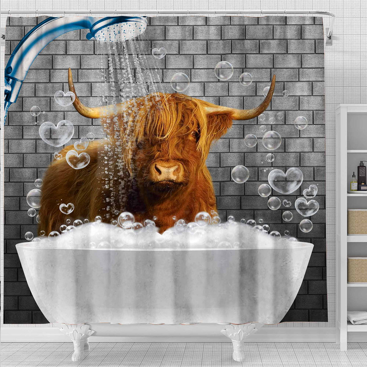 Highland Cattle Brick Wall 3D Shower Curtain
