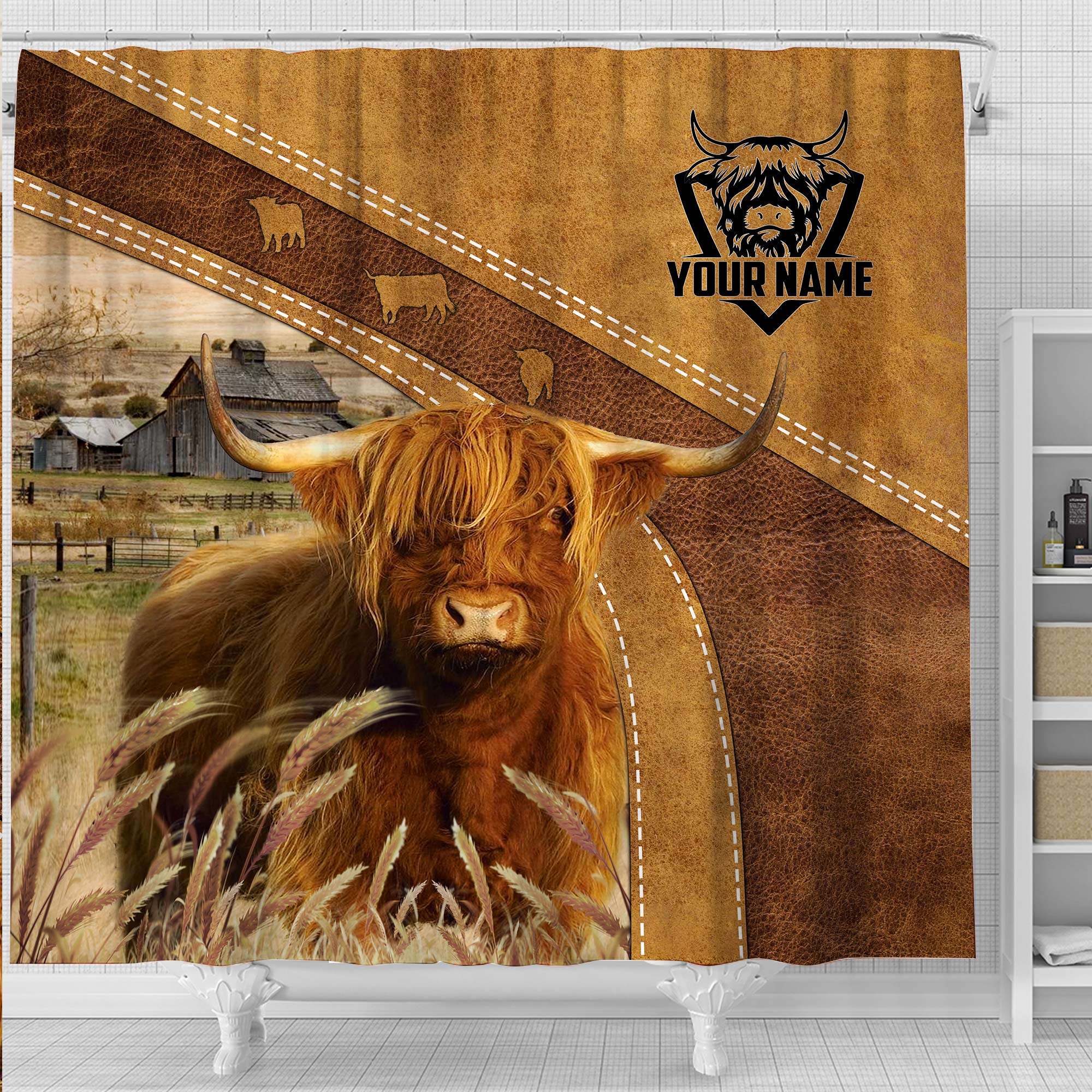 Custom Name Highland Cattle Pattern Shower Curtain