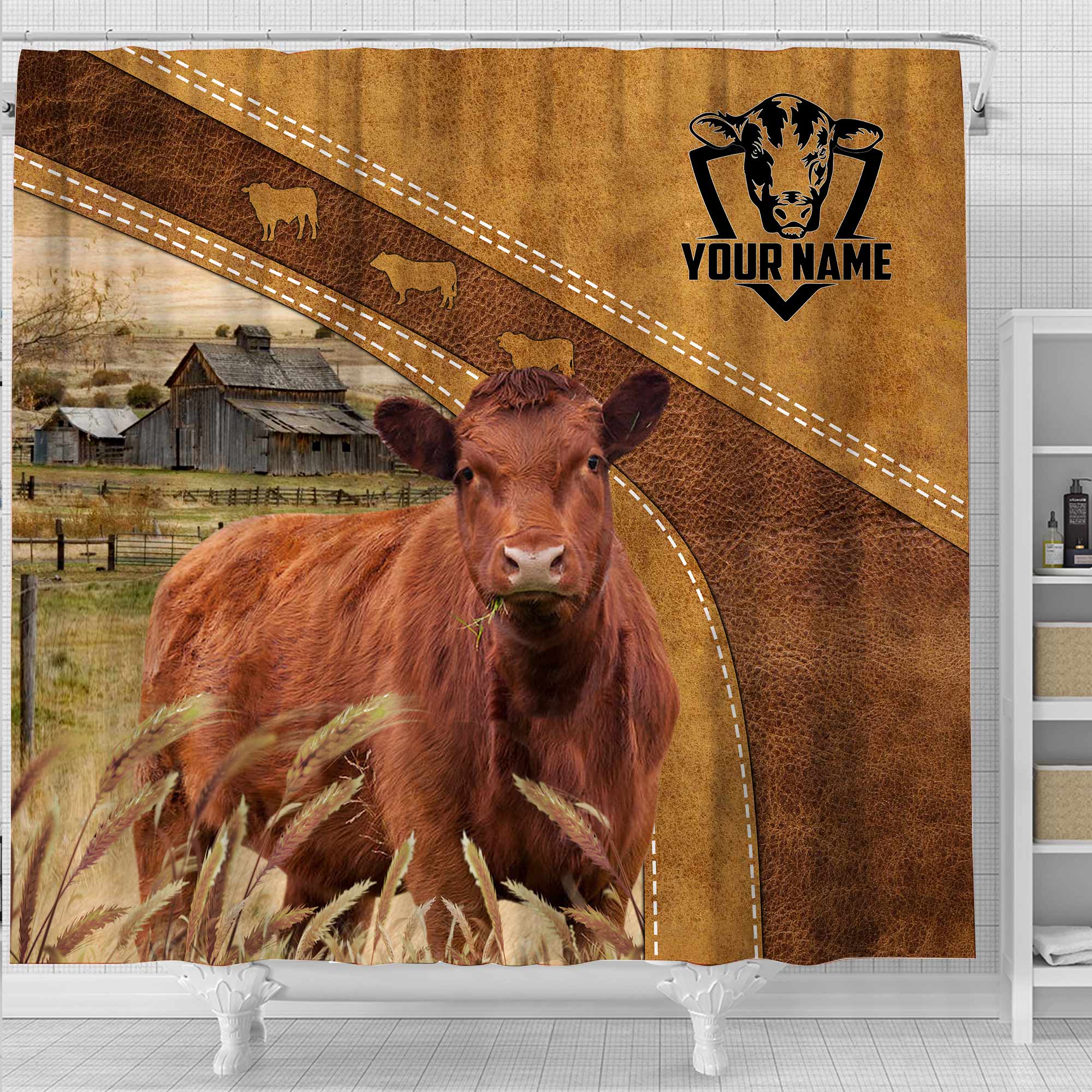 Custom Name Red Angus Pattern Shower Curtain