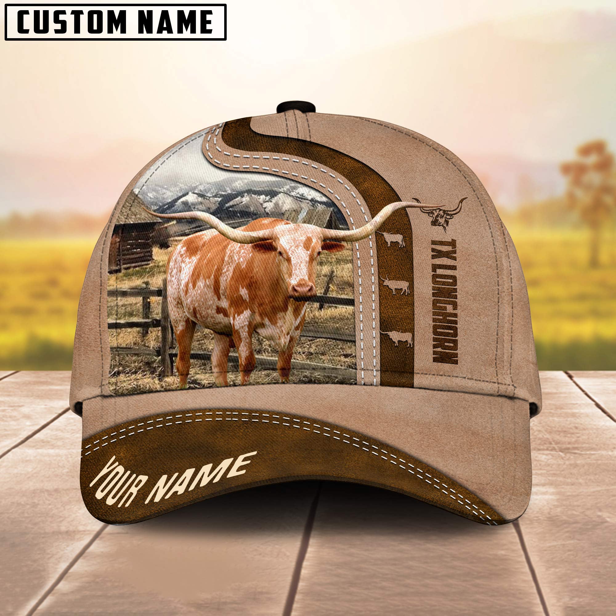 Texas Longhorn Custom Name Light Brown Cap