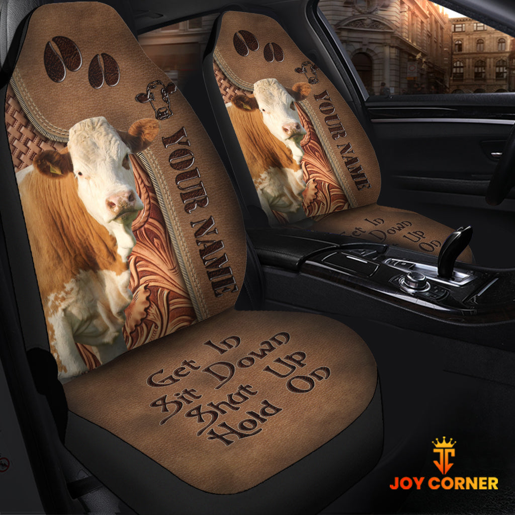 Simmental Leather Carving Customized Name Car Seat Cover Set