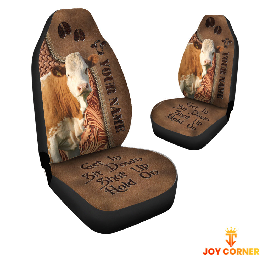 Simmental Leather Carving Customized Name Car Seat Cover Set