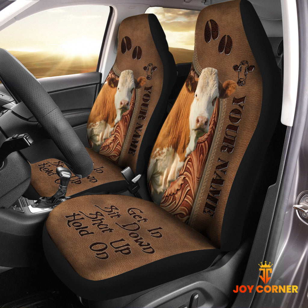 Simmental Leather Carving Customized Name Car Seat Cover Set