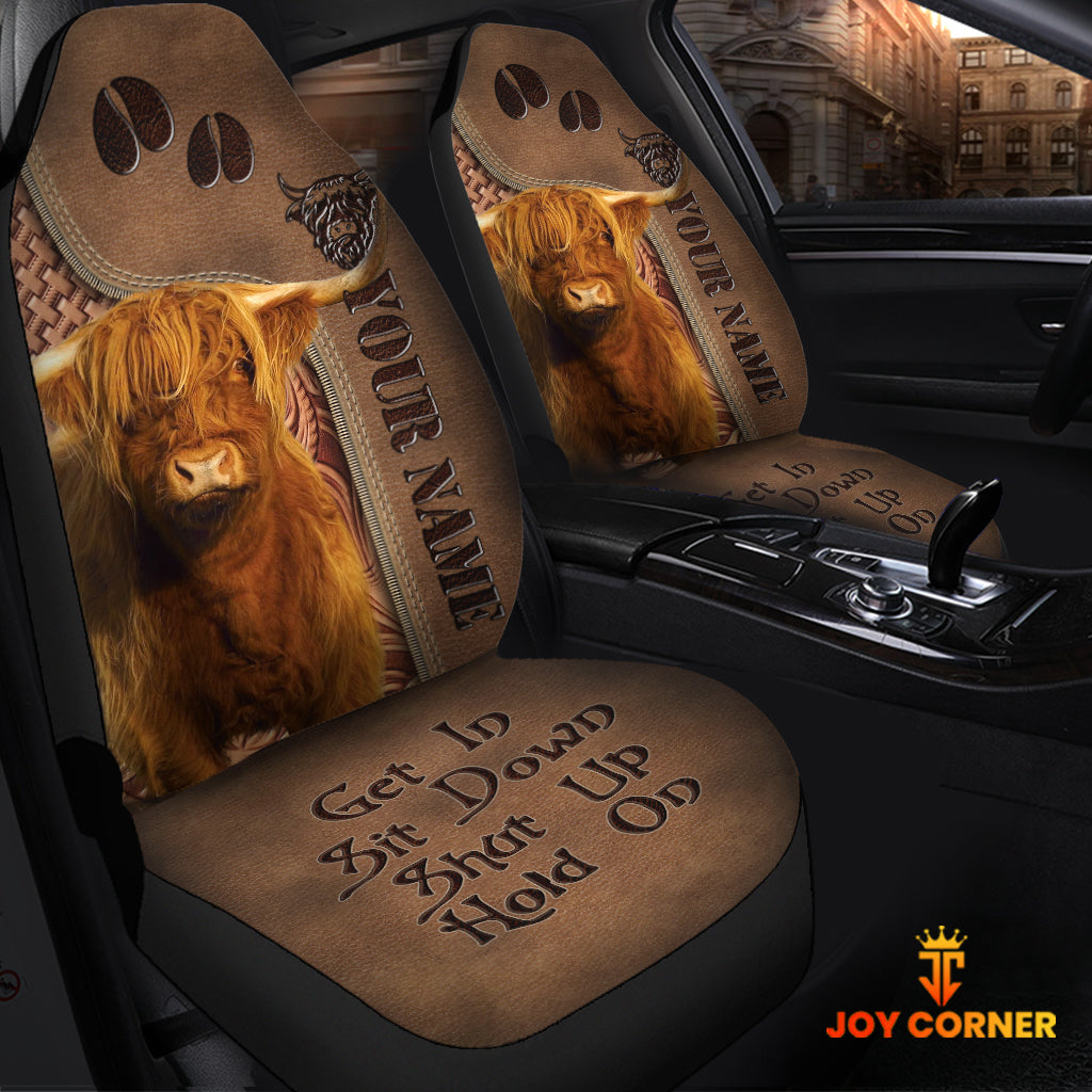 Highland Cattle Leather Carving Customized Name Car Seat Cover Set