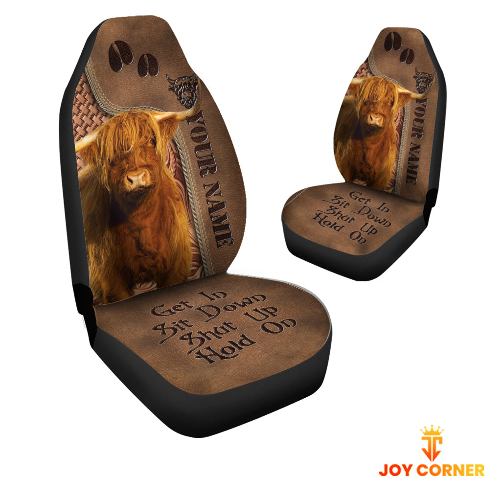 Highland Cattle Leather Carving Customized Name Car Seat Cover Set