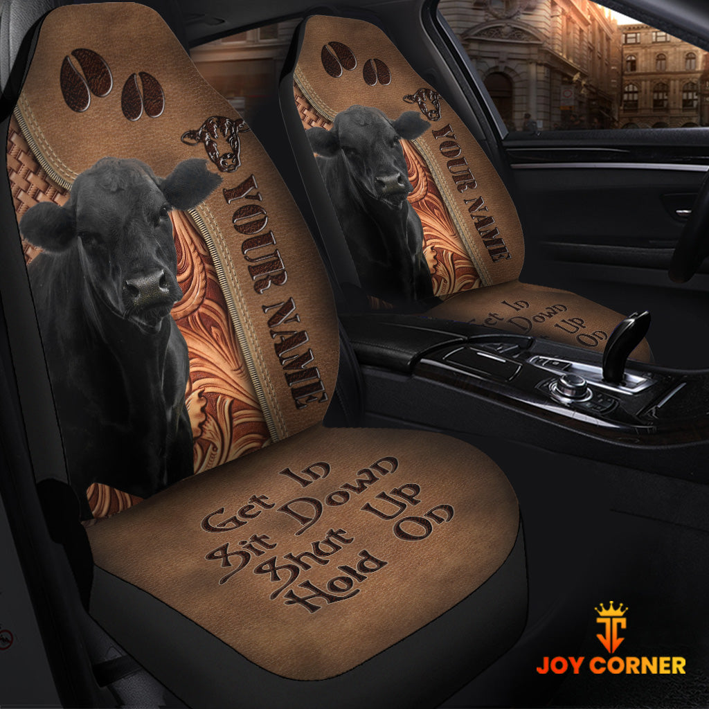 Black Angus Leather Carving Customized Name Car Seat Cover Set