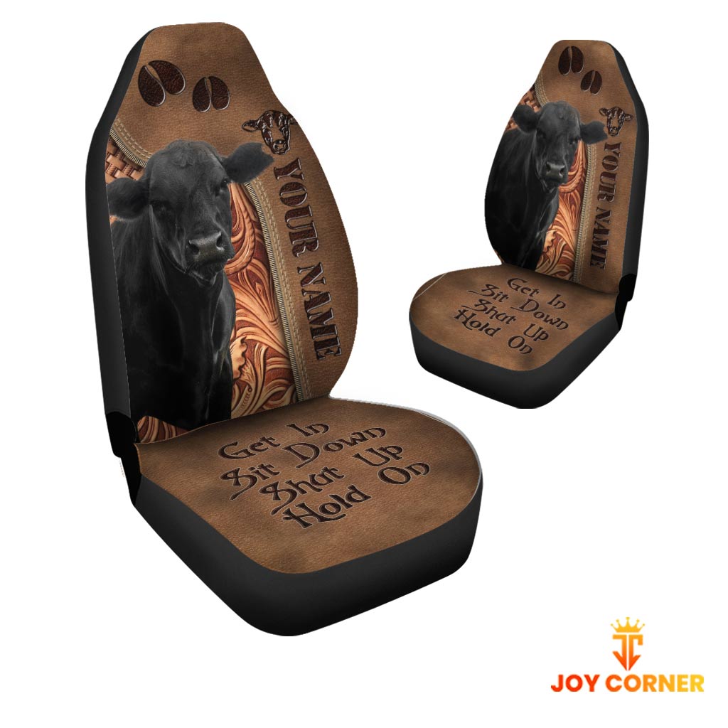 Black Angus Leather Carving Customized Name Car Seat Cover Set