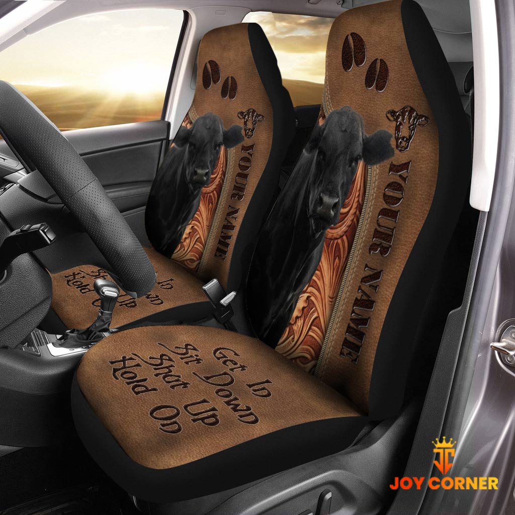 Black Angus Leather Carving Customized Name Car Seat Cover Set
