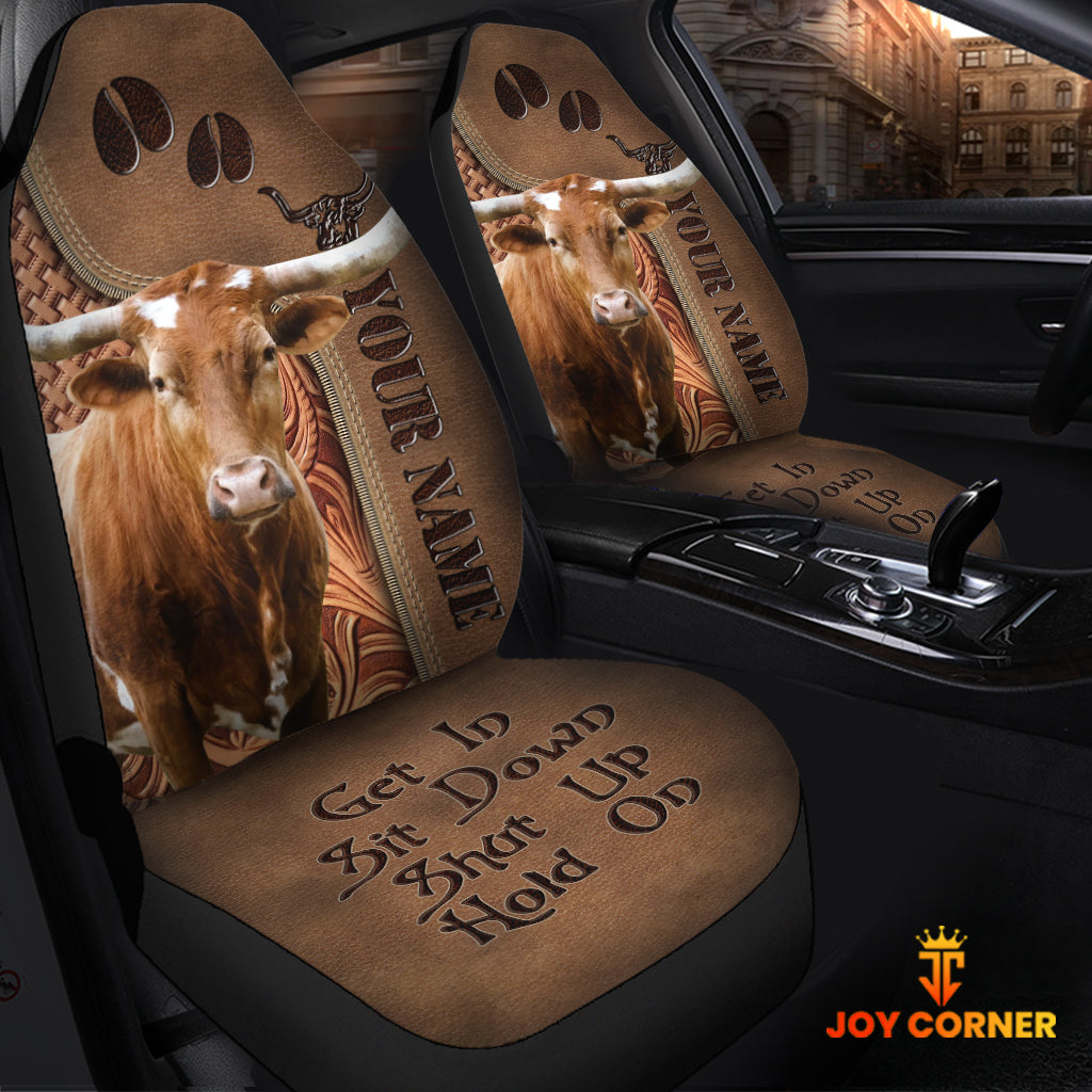 Texas Longhorn Leather Carving Customized Name Car Seat Cover Set