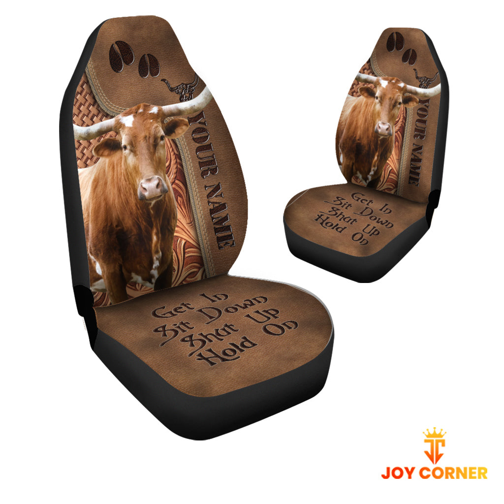 Texas Longhorn Leather Carving Customized Name Car Seat Cover Set
