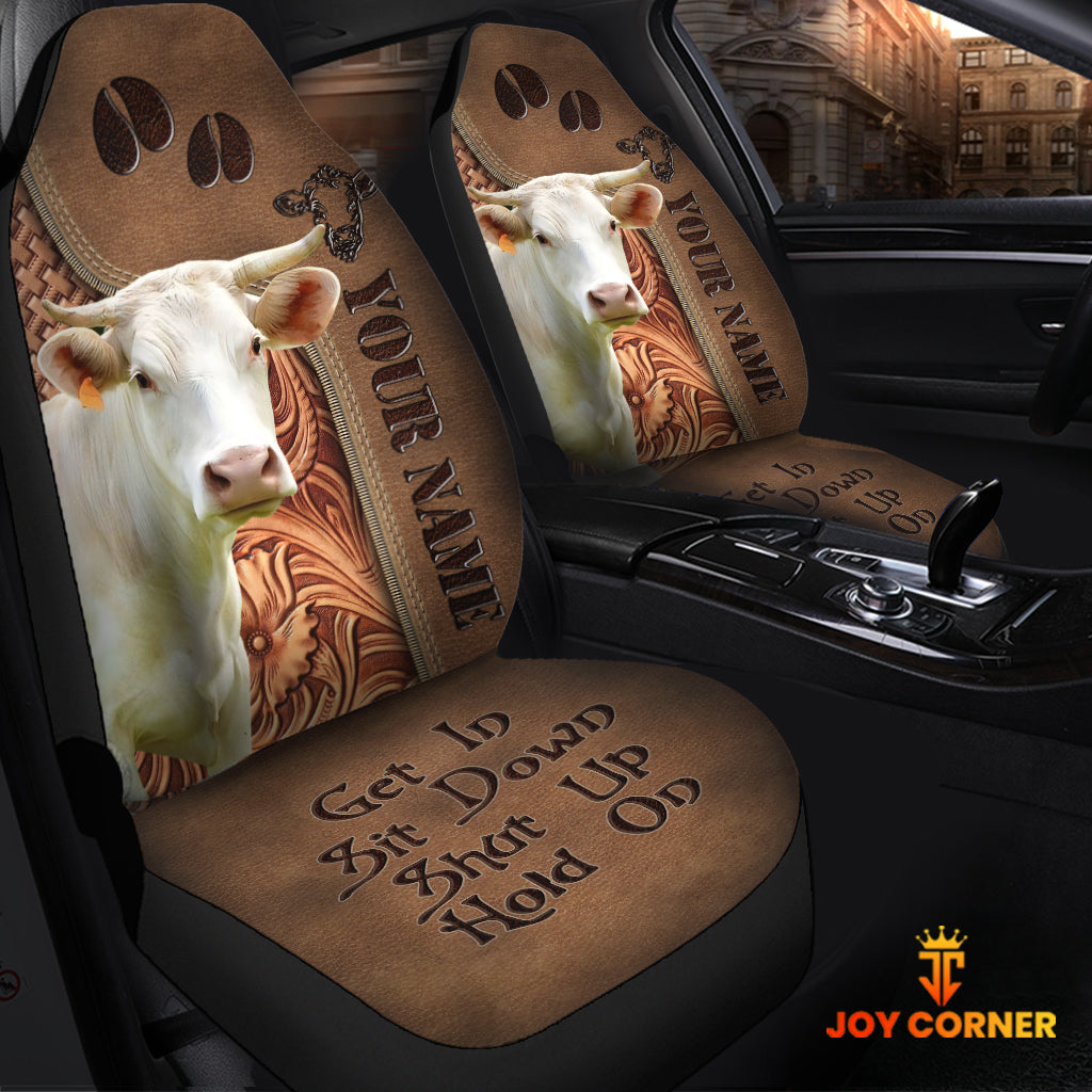 Charolais Leather Carving Customized Name Car Seat Cover Set