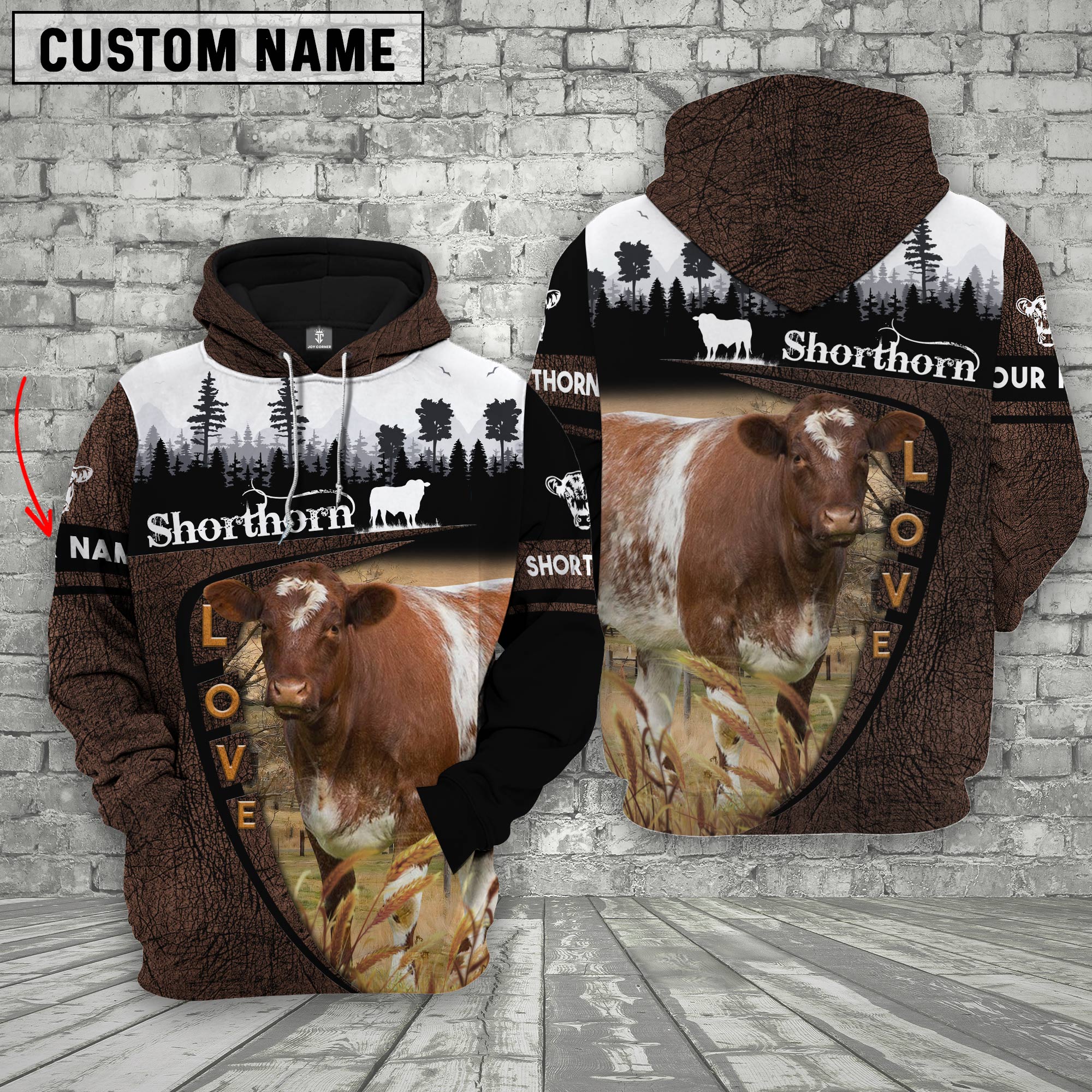 Shorthorn On Farms Custom Name Printed 3D Wooden Forest Hoodie