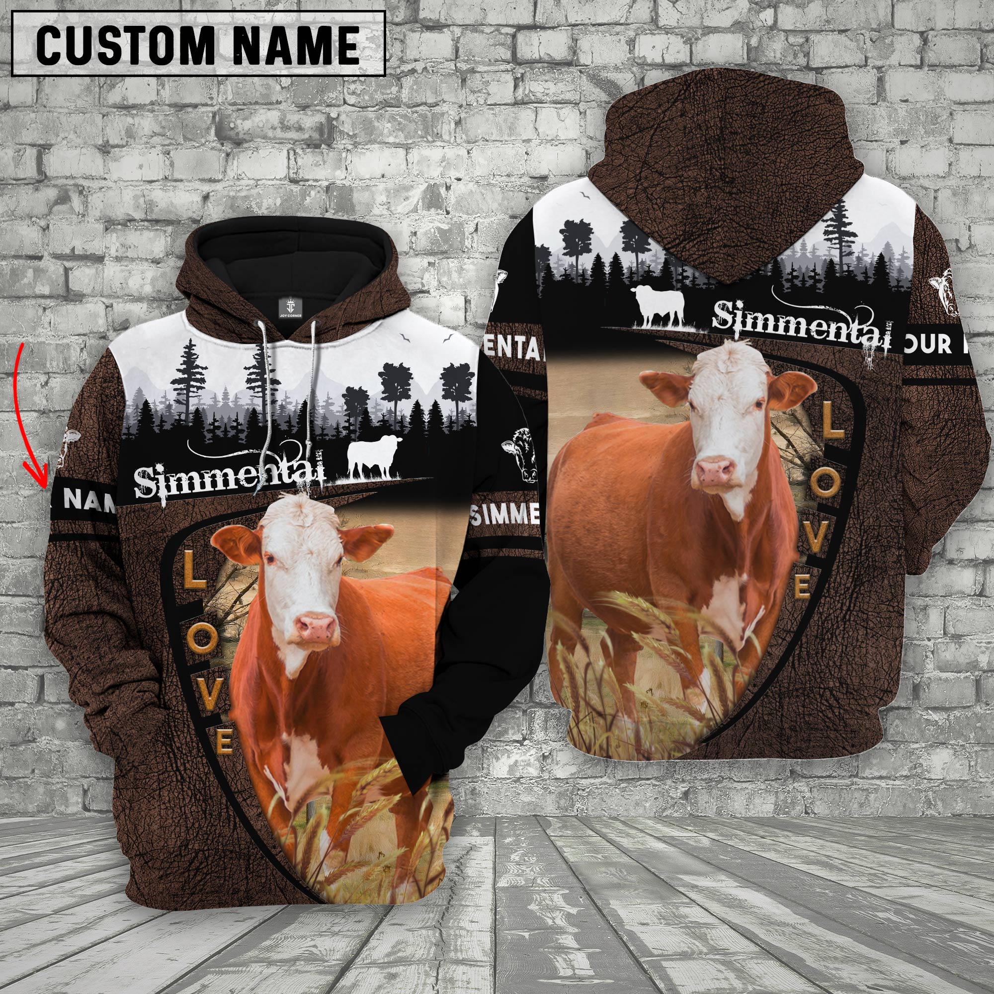 Simmental On Farms Custom Name Printed 3D Wooden Forest Hoodie