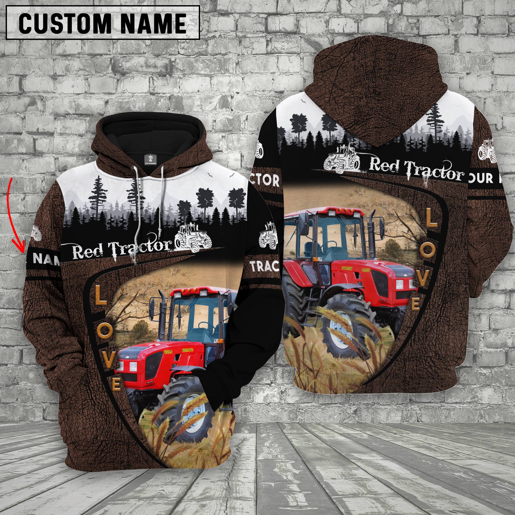 Red Tractor On Farms Custom Name Printed 3D Wooden Forest Hoodie
