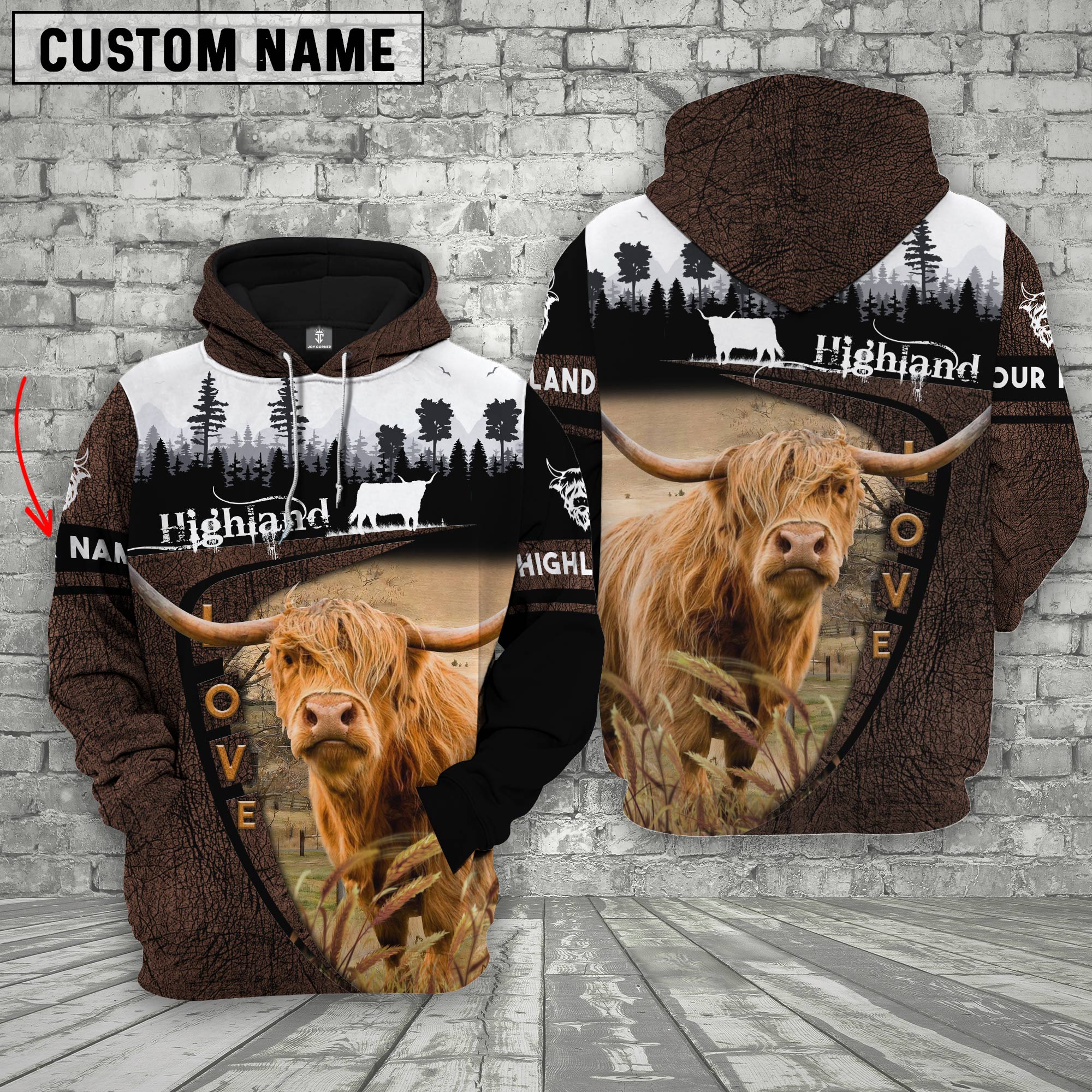 Highland Cattle On Farms Custom Name Printed 3D Wooden Forest Hoodie