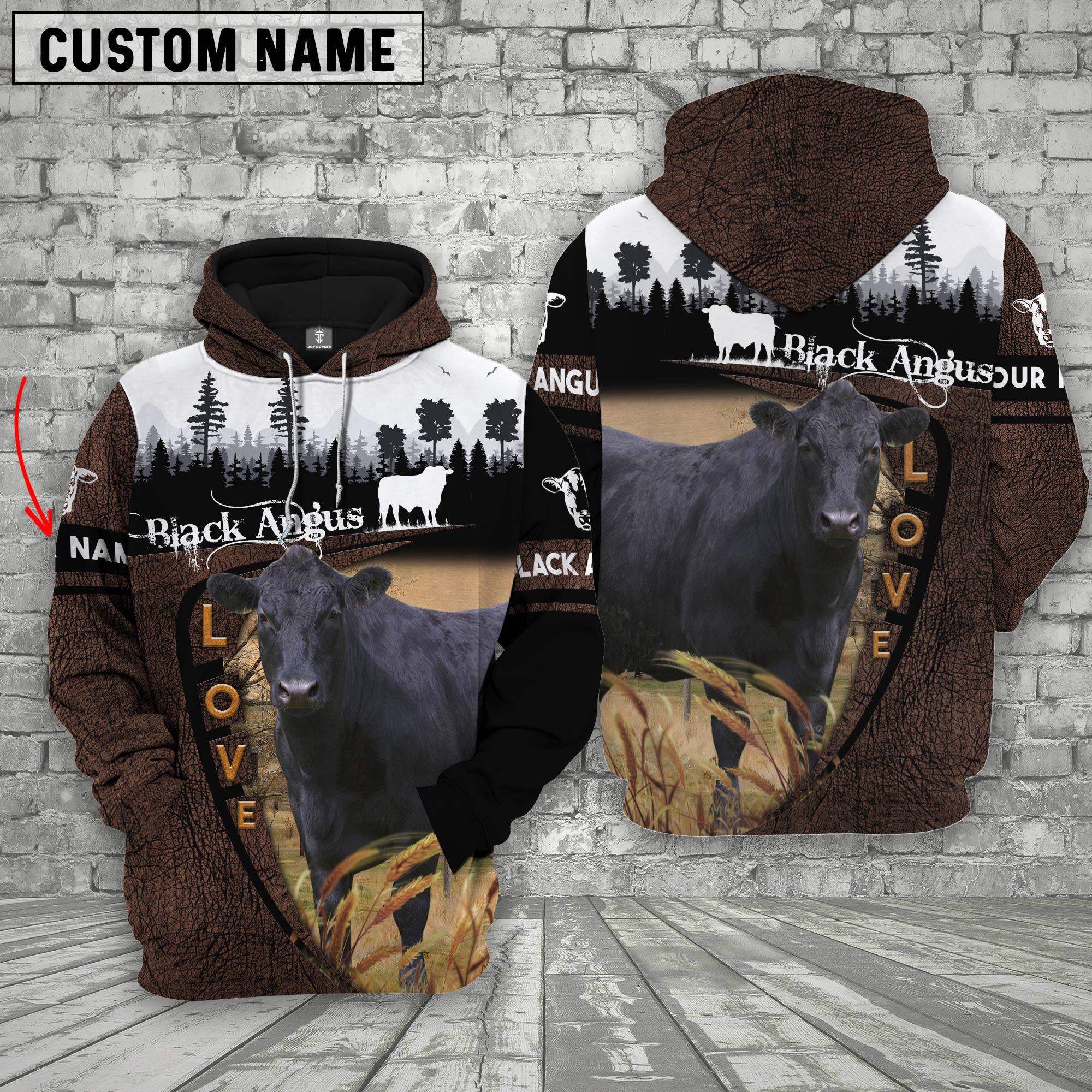 Black Angus On Farms Custom Name Printed 3D Wooden Forest Hoodie