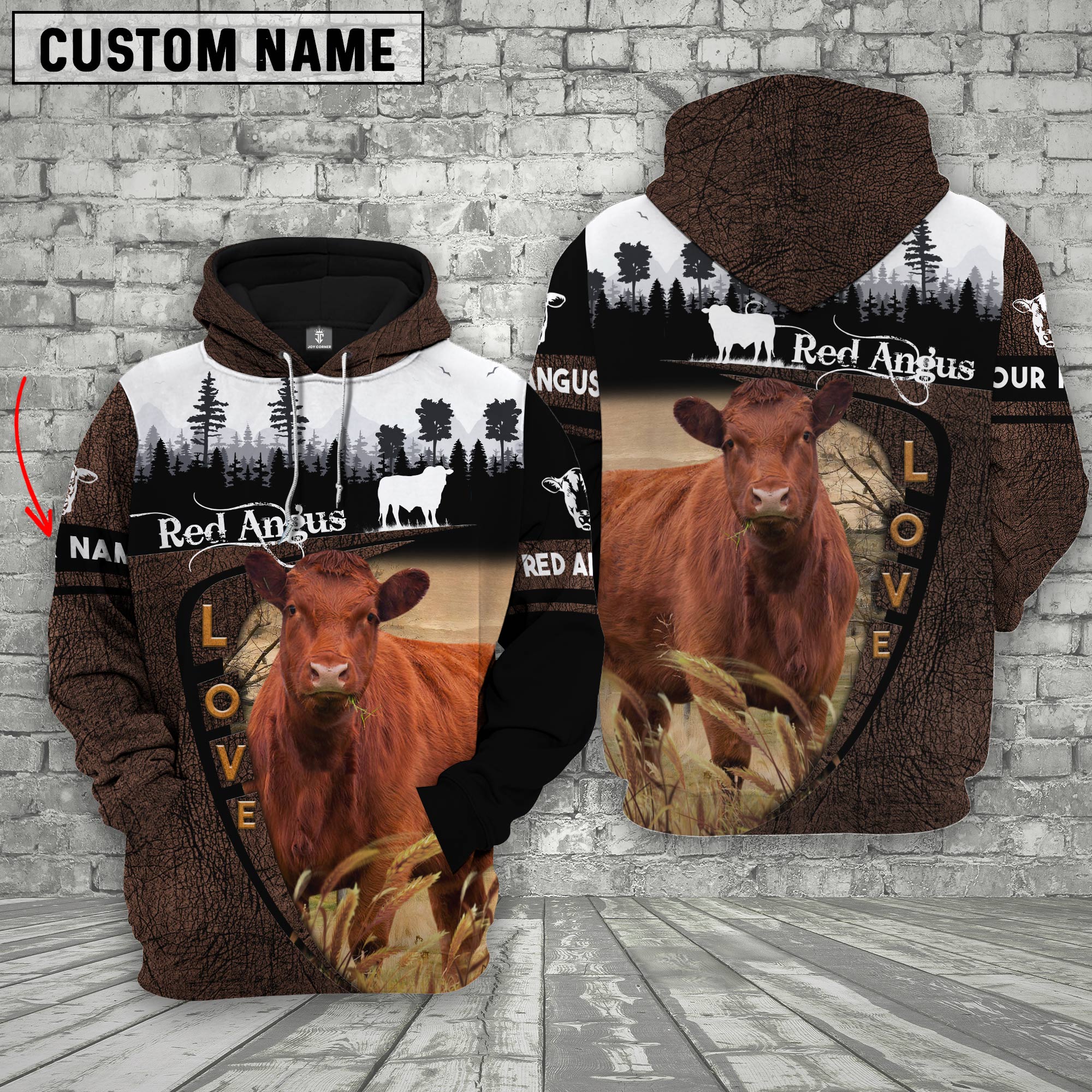 Red Angus On Farms Custom Name Printed 3D Wooden Forest Hoodie