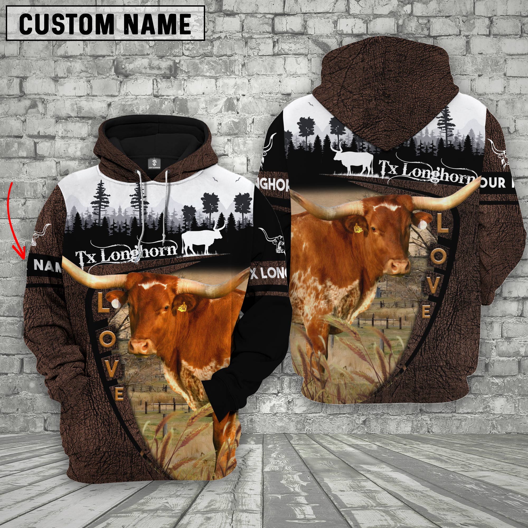 Texas Longhorn On Farms Custom Name Printed 3D Wooden Forest Hoodie