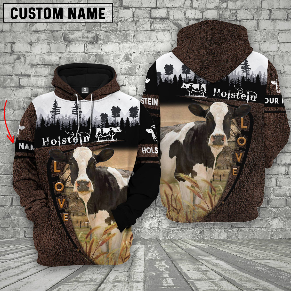 Holstein On Farms Custom Name Printed 3D Wooden Forest Hoodie