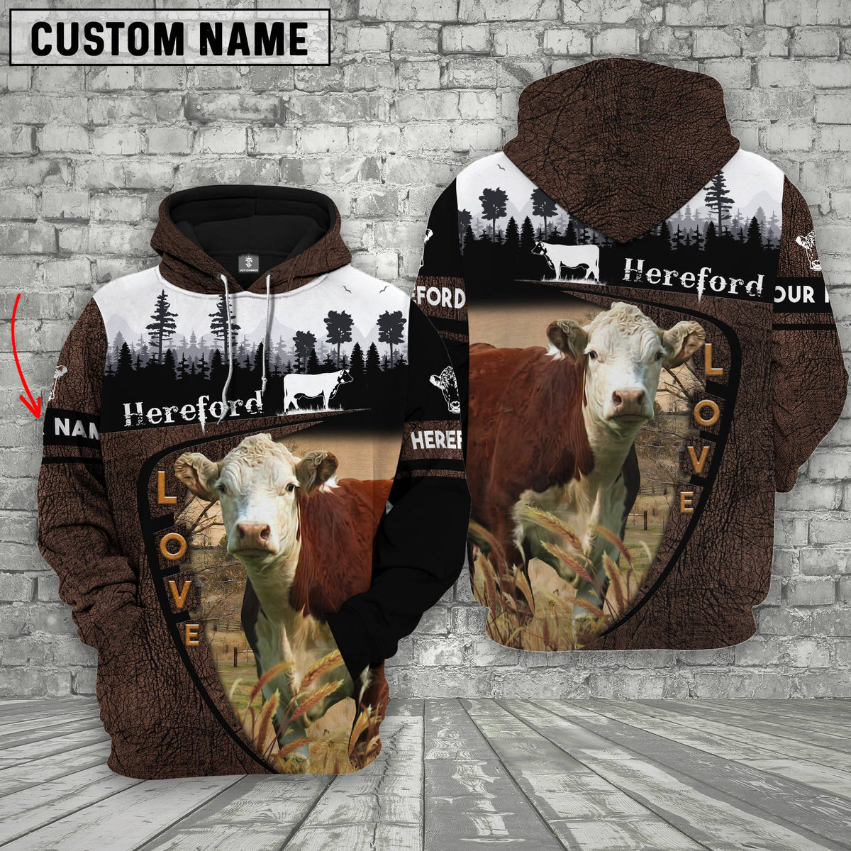 Hereford On Farms Custom Name Printed 3D Wooden Forest Hoodie