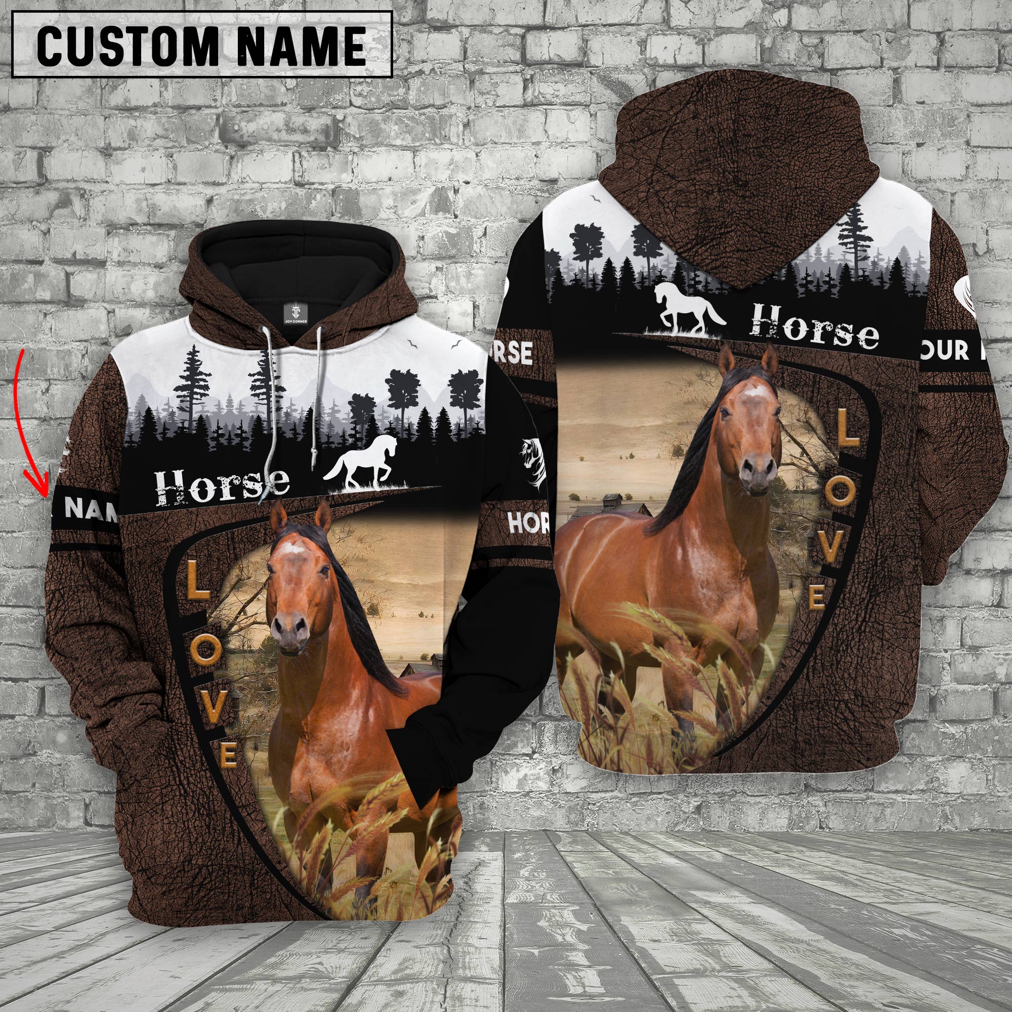 Horse On Farms Custom Name Printed 3D Wooden Forest Hoodie