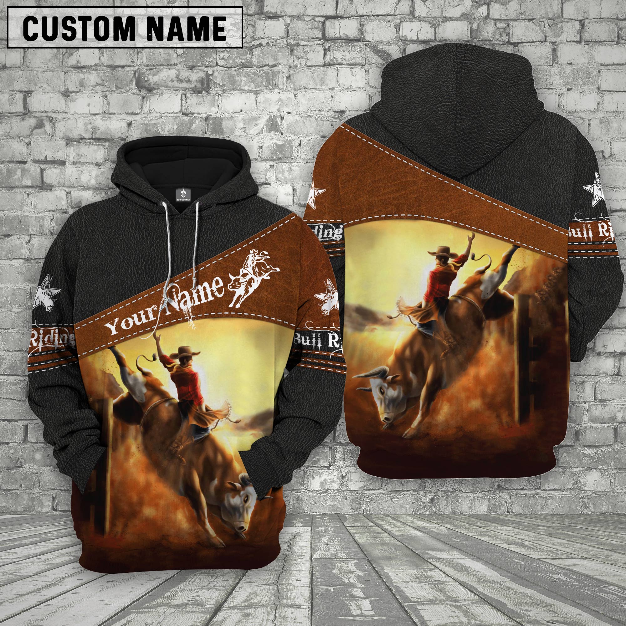 Bull Riding Custom Name Printed 3D Black Hoodie