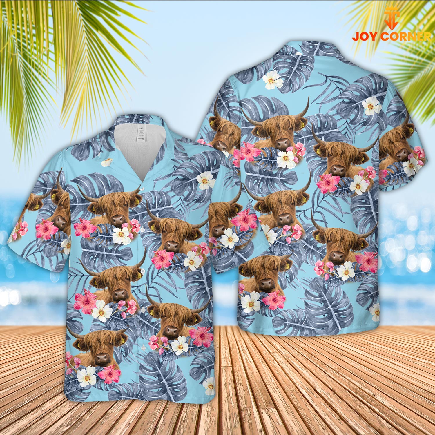 Highland Cattle Sierra Blue Pattern 3D Hawaiian Shirt