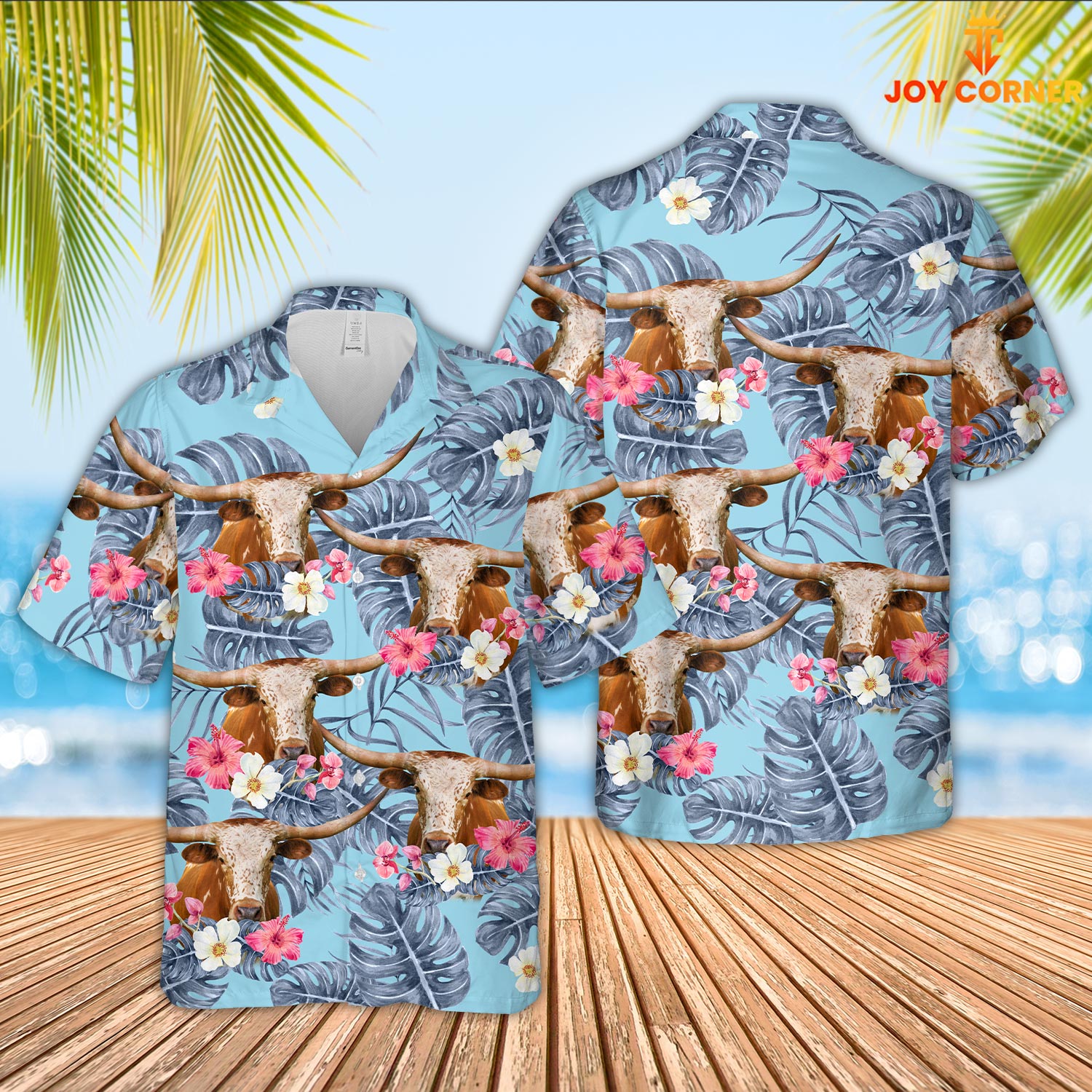 Texas Longhorn Sierra Blue Pattern 3D Hawaiian Shirt