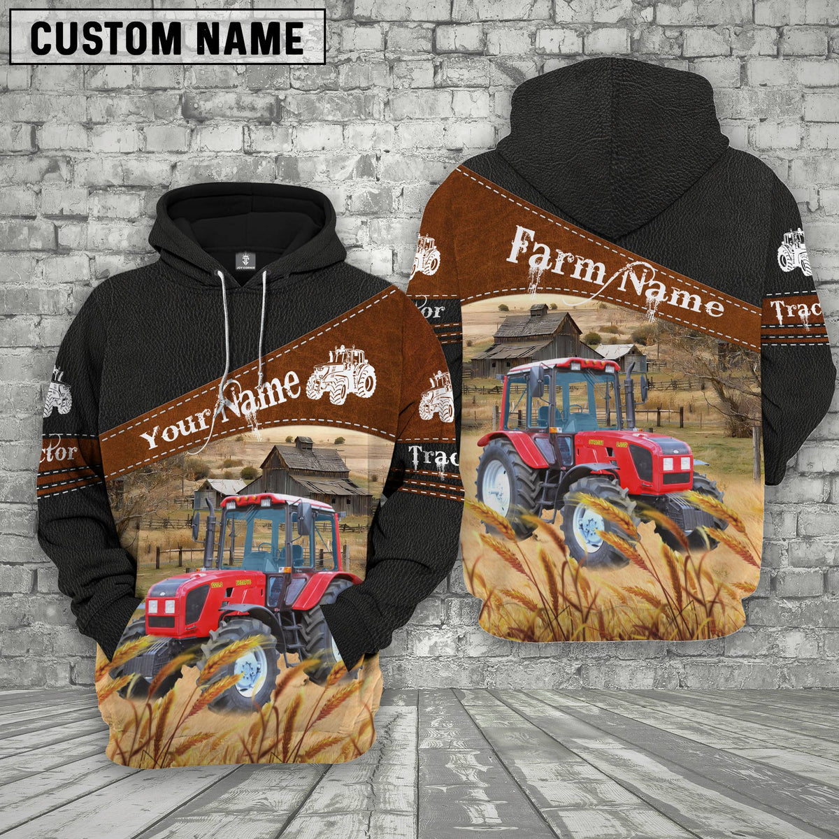 Red Tractor On Farms Custom Name Printed 3D Black Hoodie