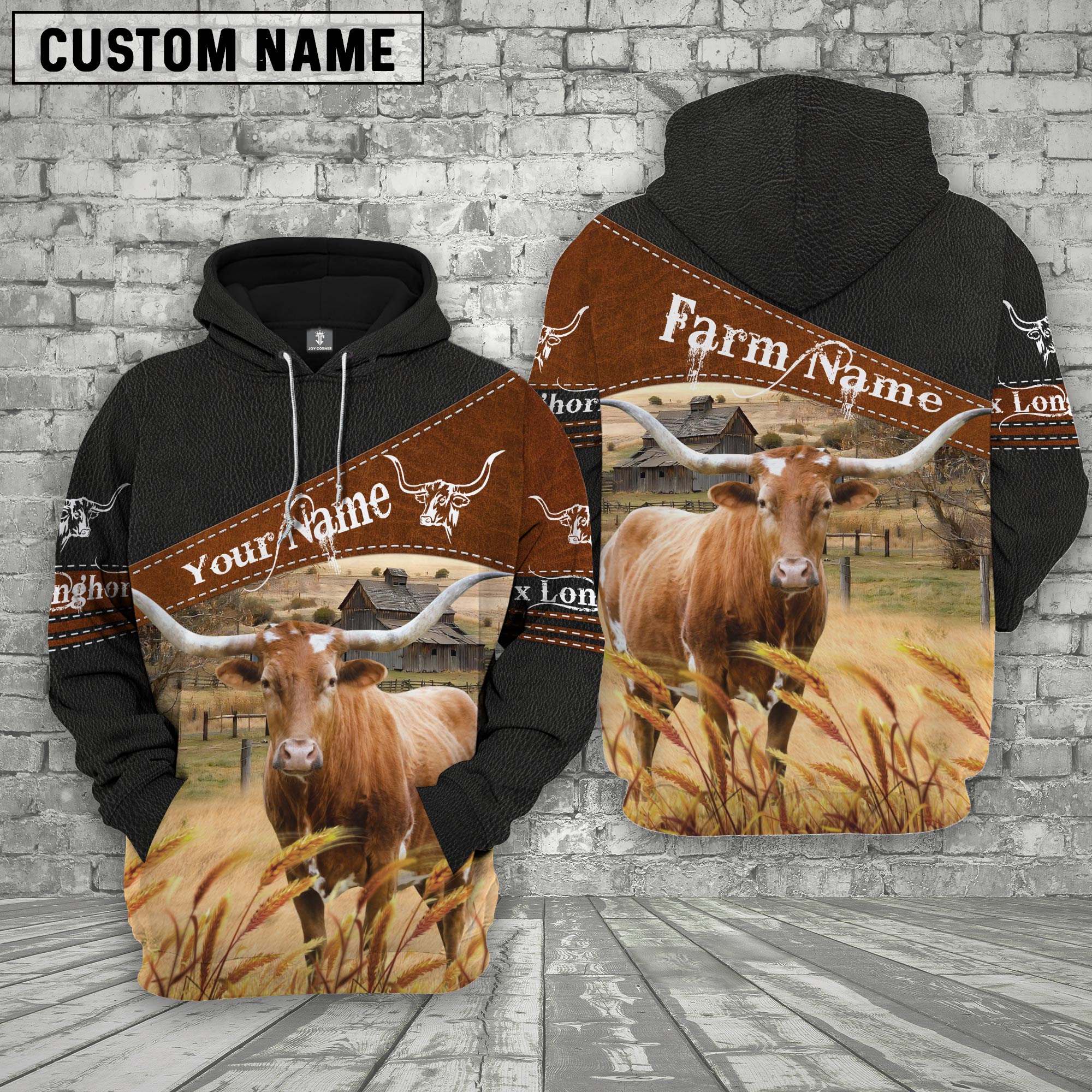 Texas Longhorn On Farms Custom Name Printed 3D Black Hoodie