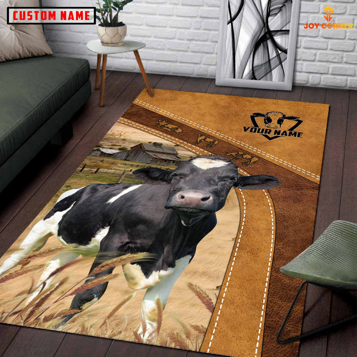 Holstein Farming Brown Personalized Name 3D Rug