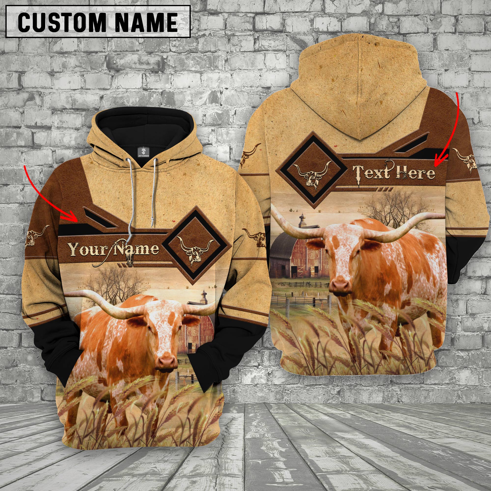 Texas Longhorn On Farms Custom Name Printed 3D Hoodie