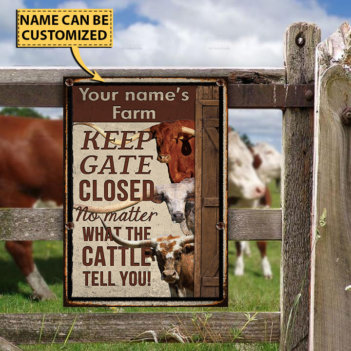 Customized Name TX LONGHORN CATTLE LOVERS KEEP GATE CLOSED All Printed 3D Metal Sign