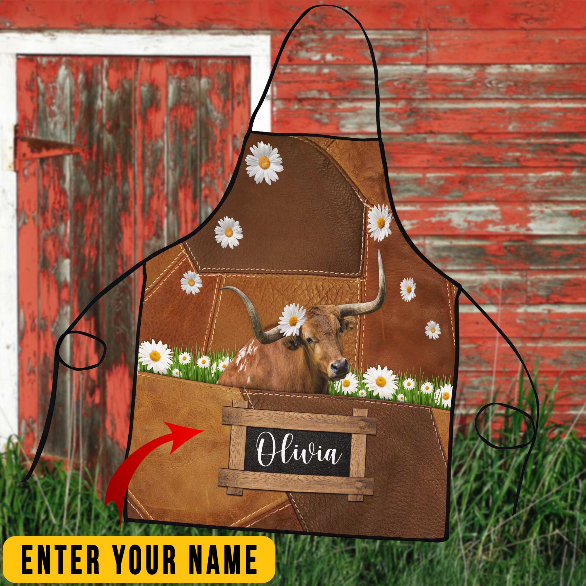 Personalized Name TX Longhorn Cattle All Over Printed 3D Apron