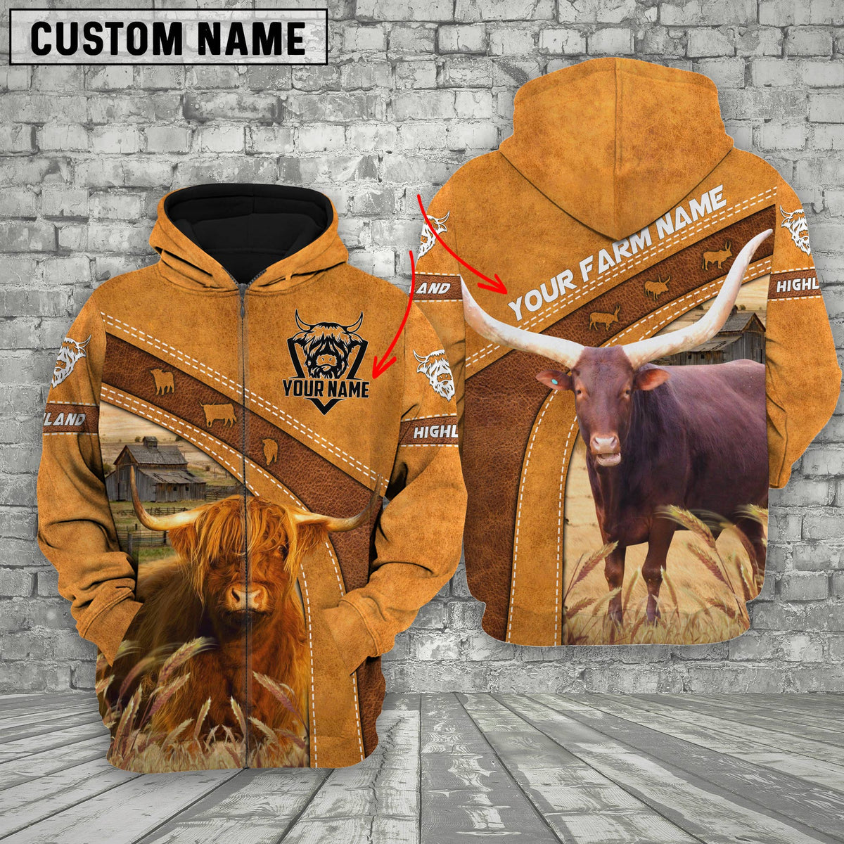 Personalized Name Farm Highland Watusi Cattle Hoodie